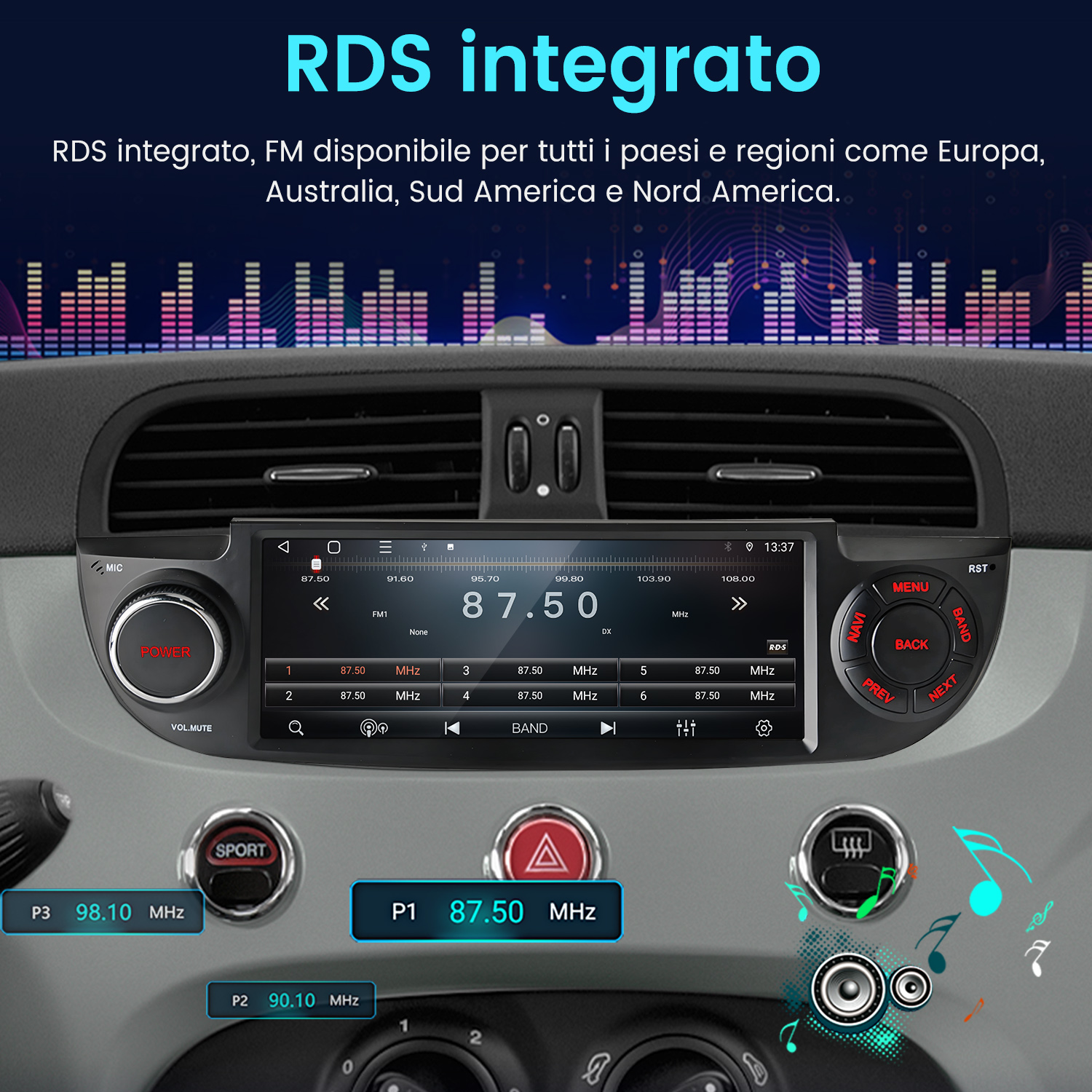 Cruscotto auto con radio RDS. Frequenza 87.50 MHz visualizzata.