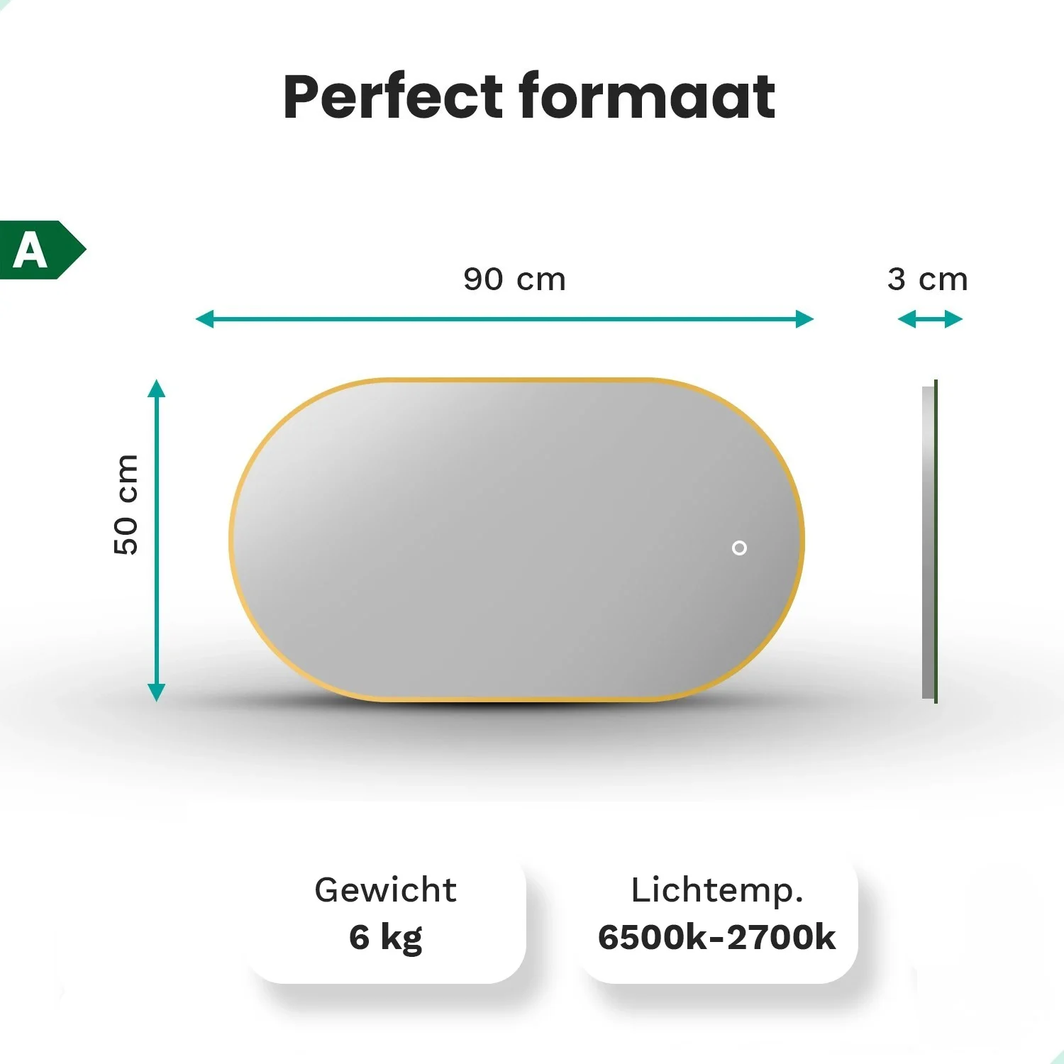 Ovale spiegel, 90x50 cm, 3 cm diep. Gewicht 6 kg, licht 6500-2700k.
