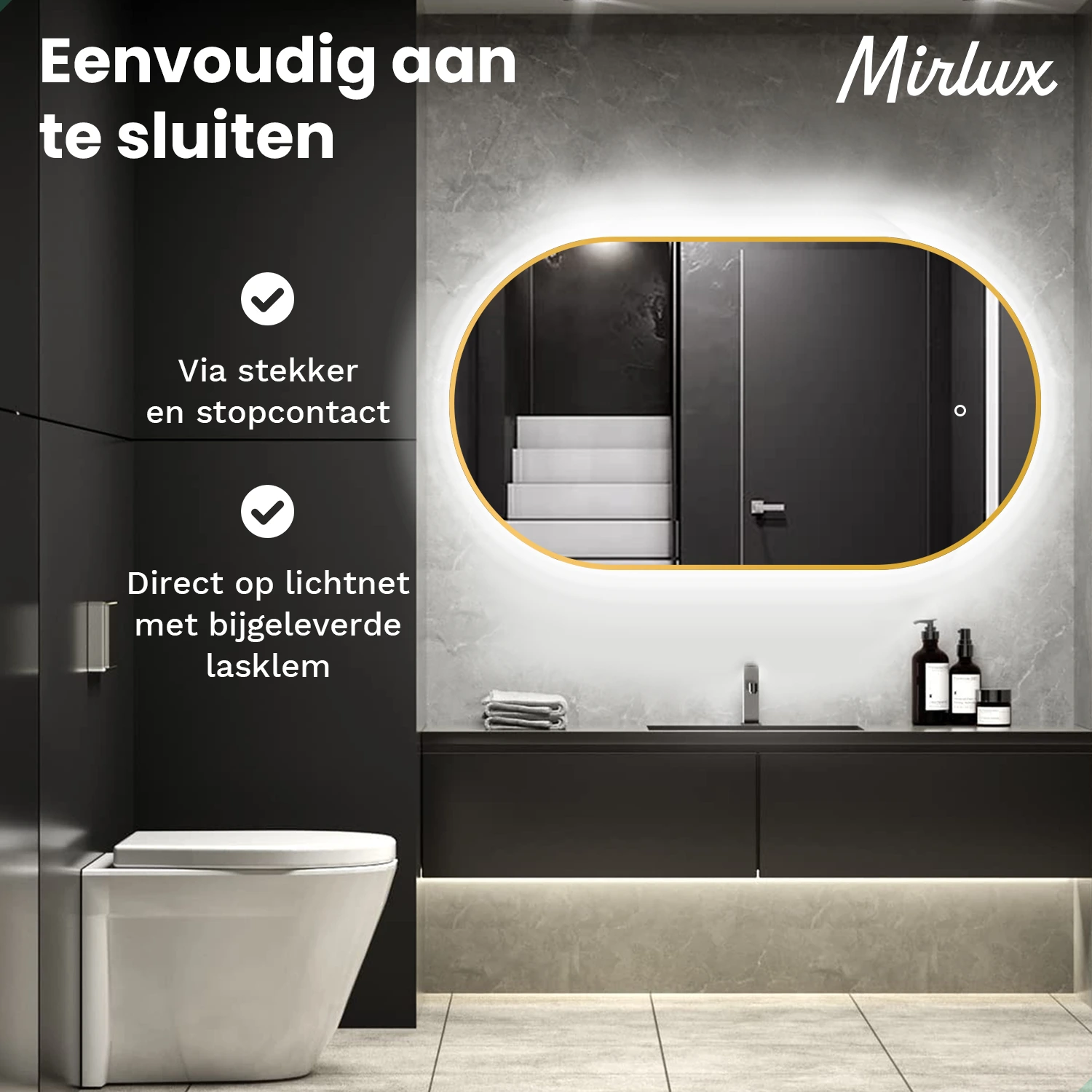 Moderne badkamer met toilet, wastafel, spiegel en verlichting.