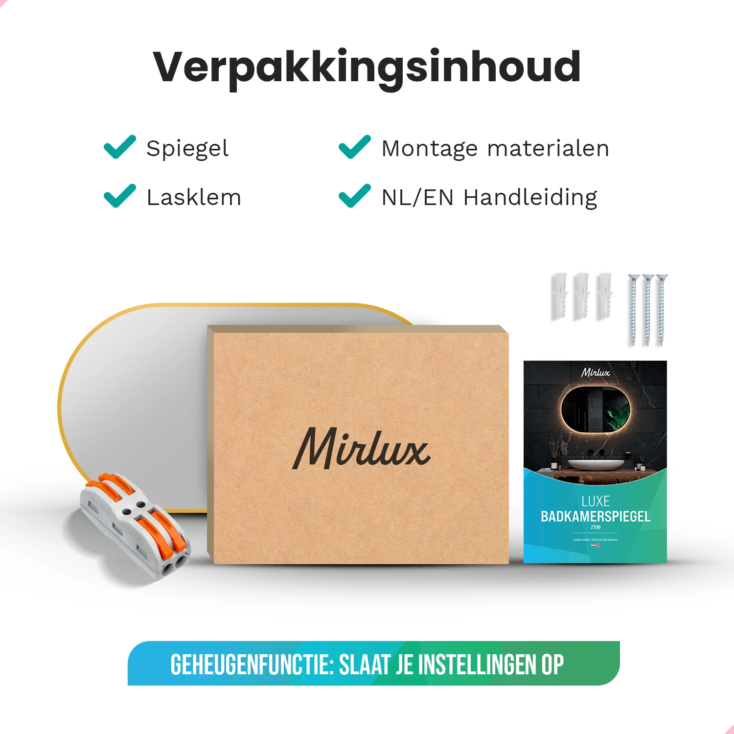 Verpakkingsinhoud: Spiegel, montage, klemmen, handleiding. Met accessoires.