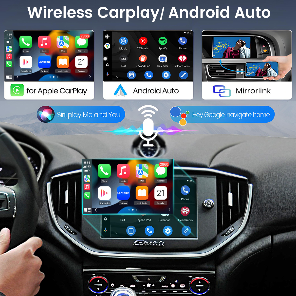 Interno auto con touchscreen che mostra Apple CarPlay, Android Auto e Mirrorlink.