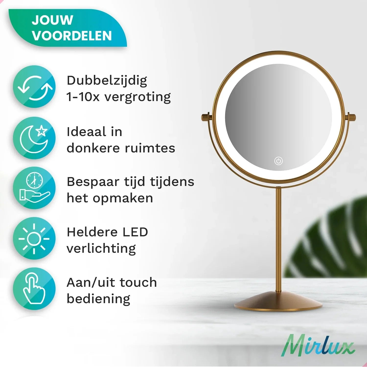 Gold makeup mirror with LED lighting and touch control.