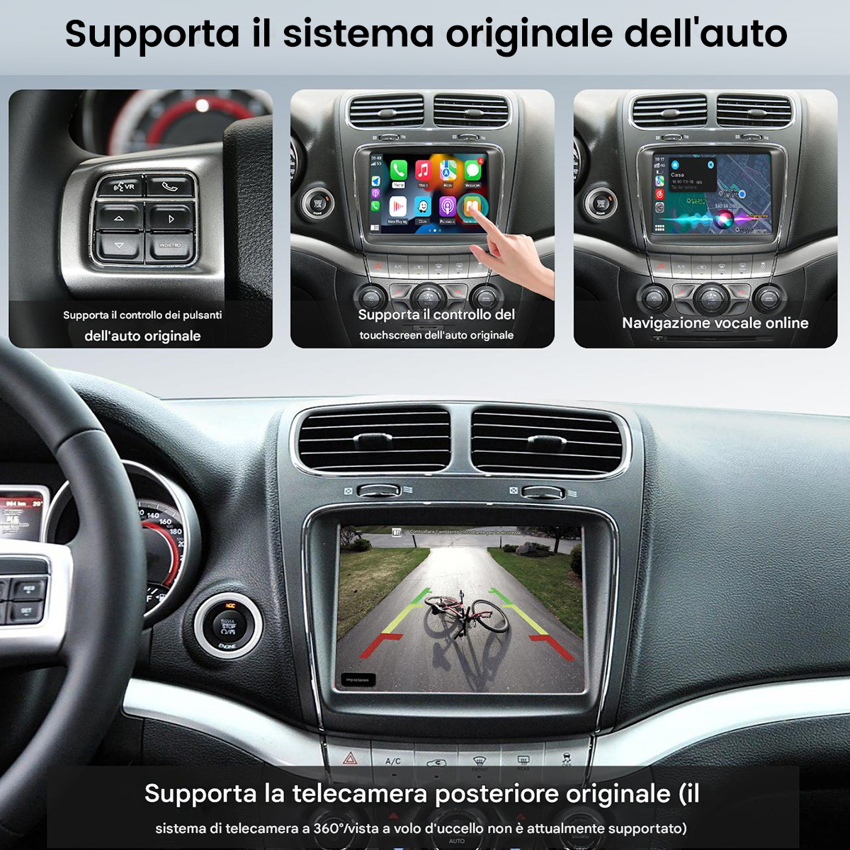 Interno auto con comandi al volante, touchscreen e display telecamera posteriore.
