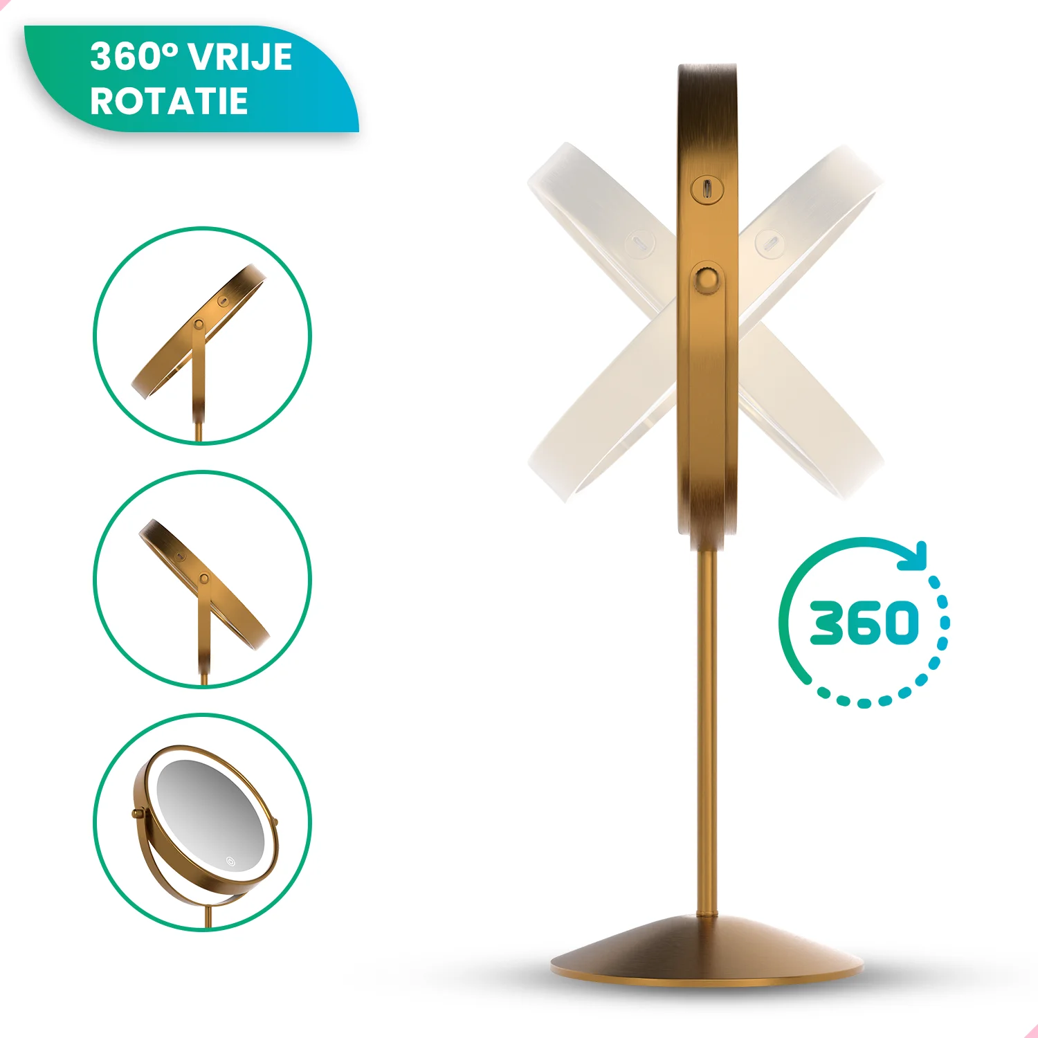 A gold standing mirror with LED light and 360° rotation feature.