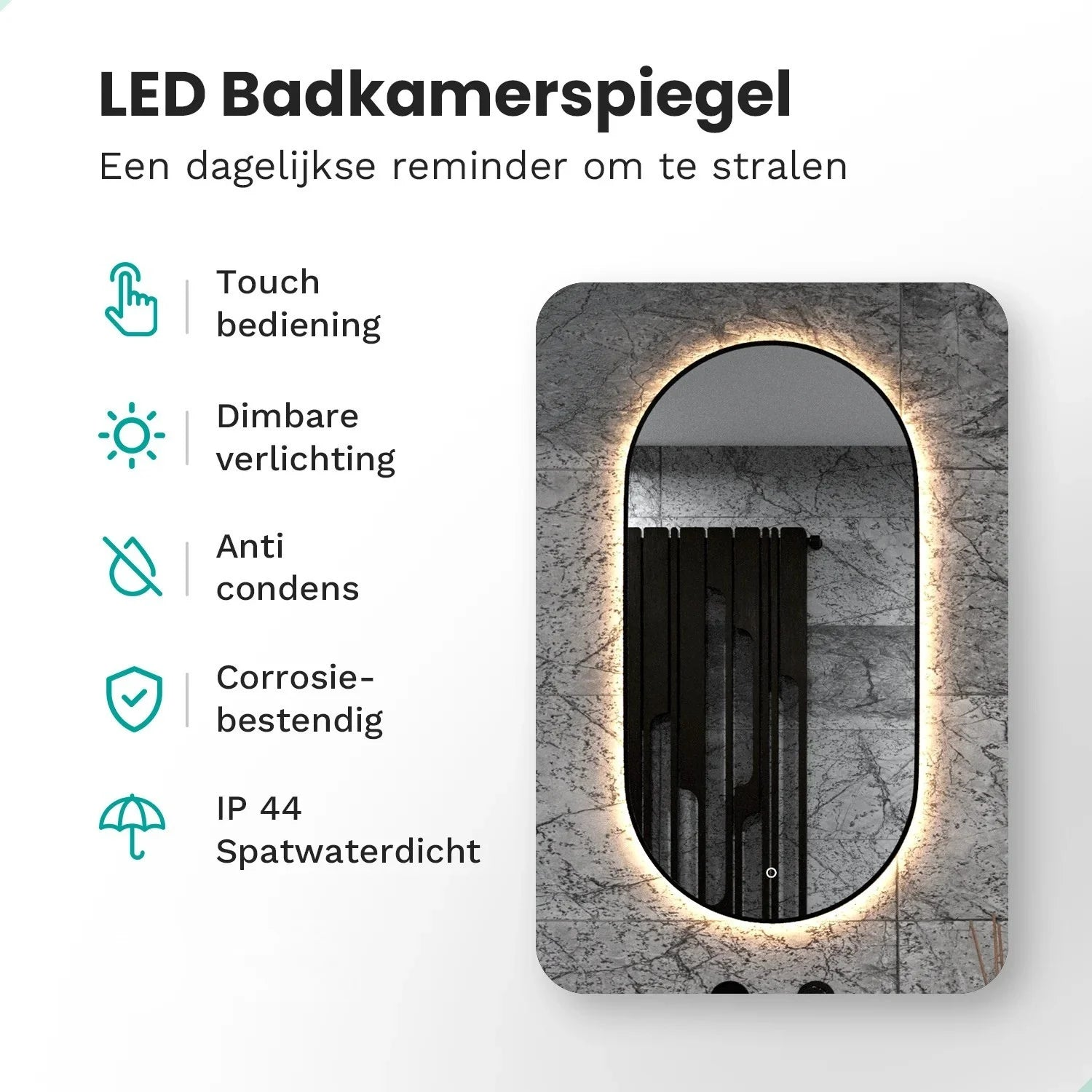 LED badkamerspiegel met touch, dimbaar, anti-condens, corrosiebestendig, IP44.