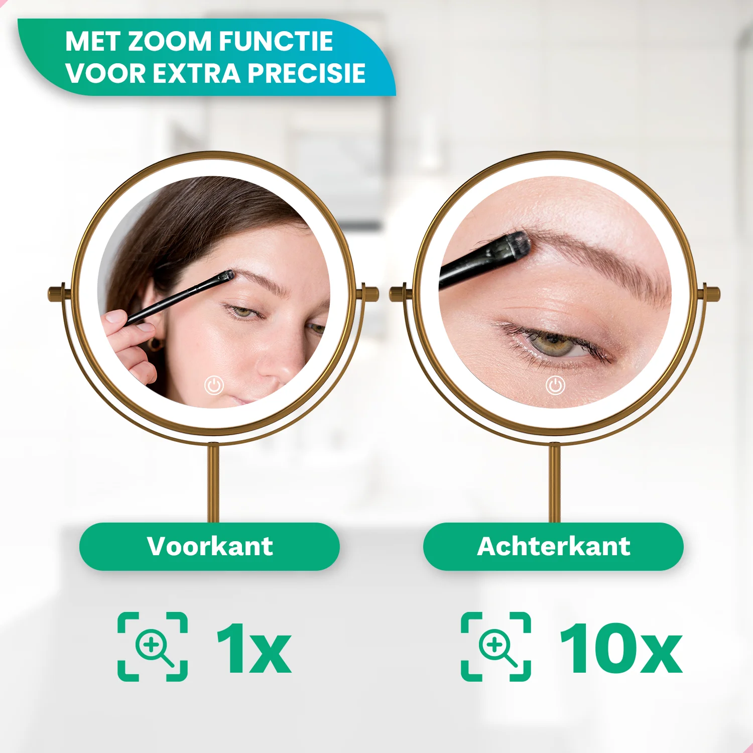 Two lighted makeup mirrors show a woman applying makeup. Left is 1x, right is 10x magnification.