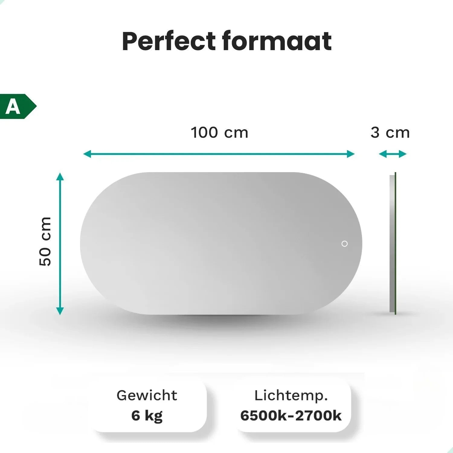 Spiegel 100x50cm, diepte 3cm. Gewicht 6kg. Licht 6500k-2700k.