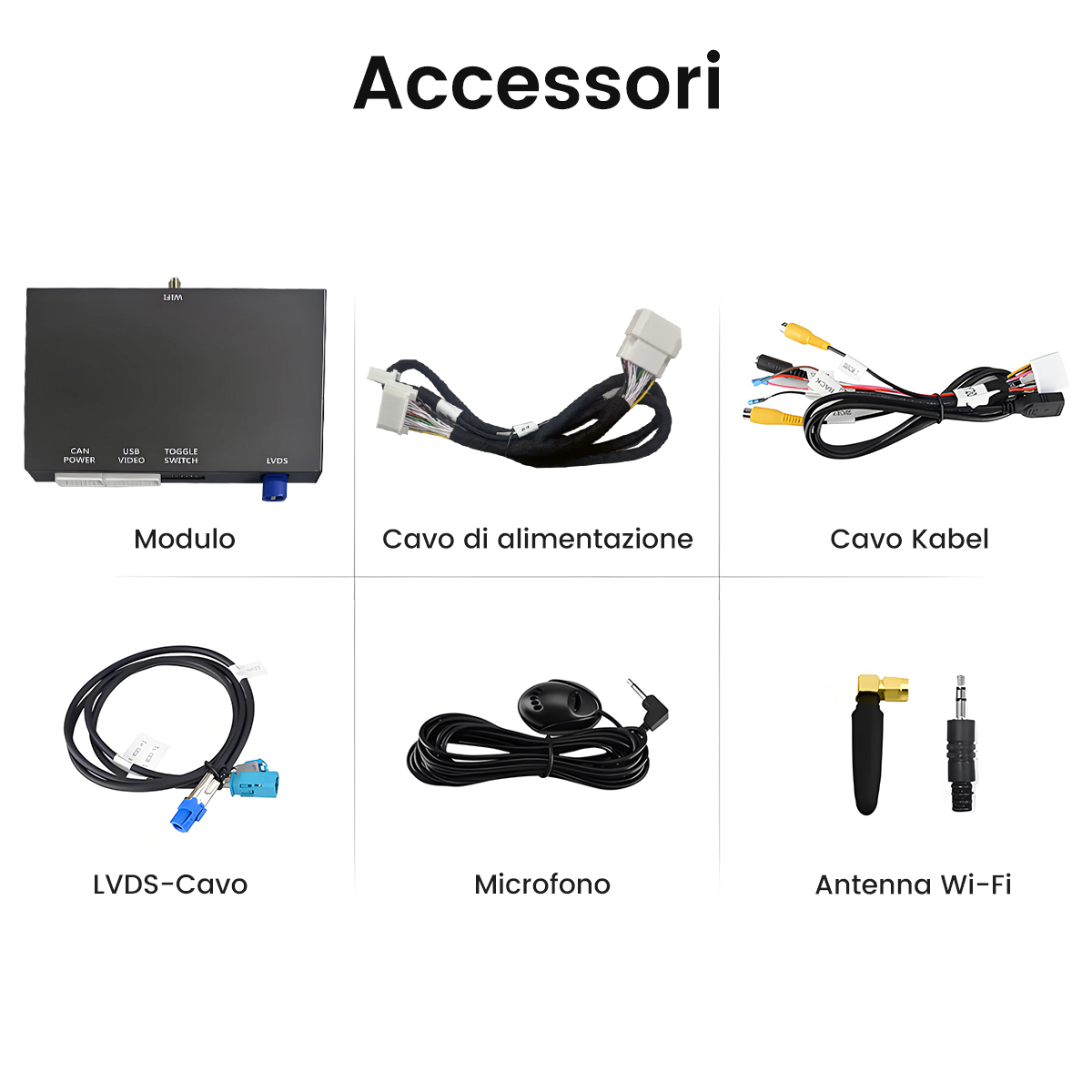 Sei accessori per auto: modulo, cavi, microfono, antenna.