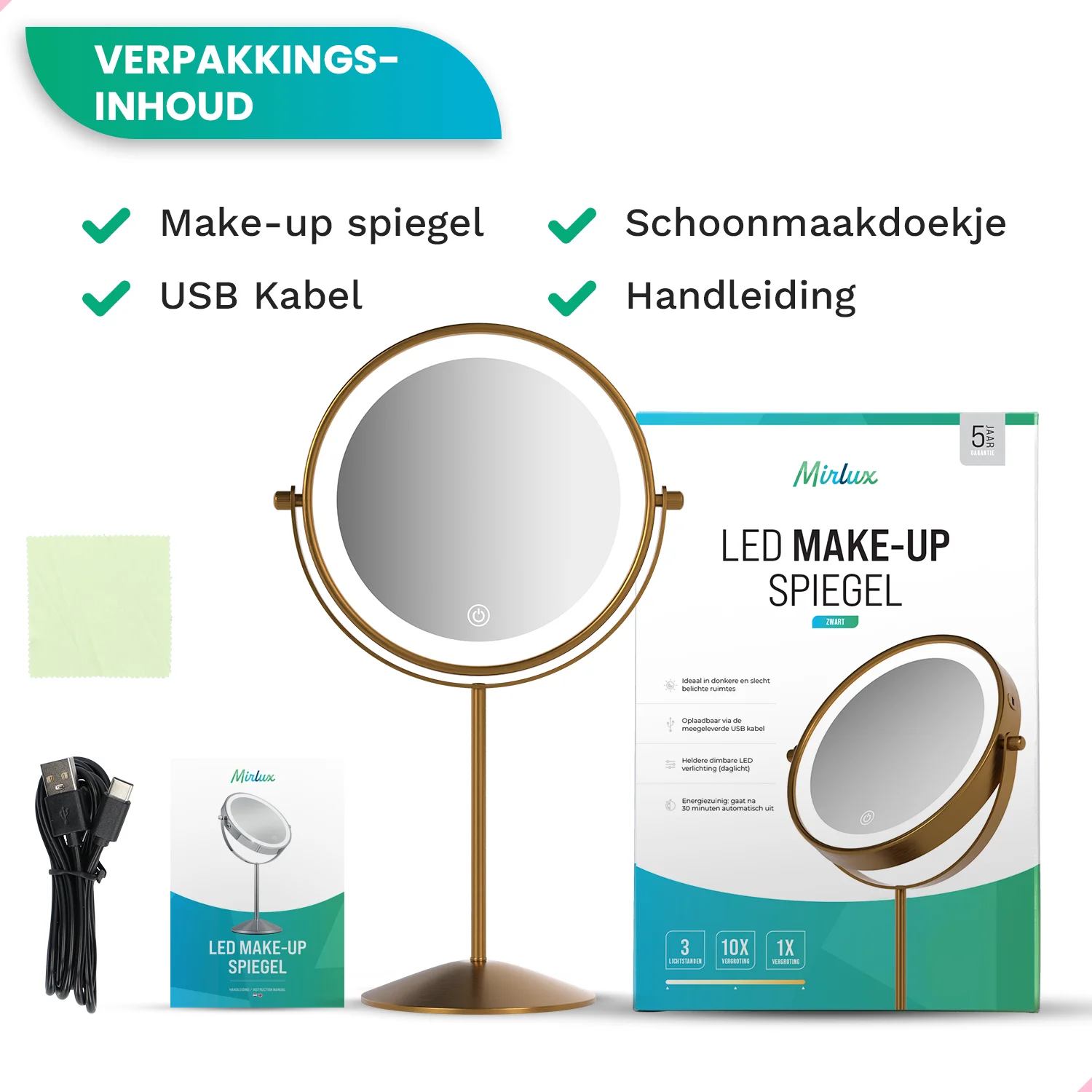 A gold LED makeup mirror with USB cable, cleaning cloth, and manual included.