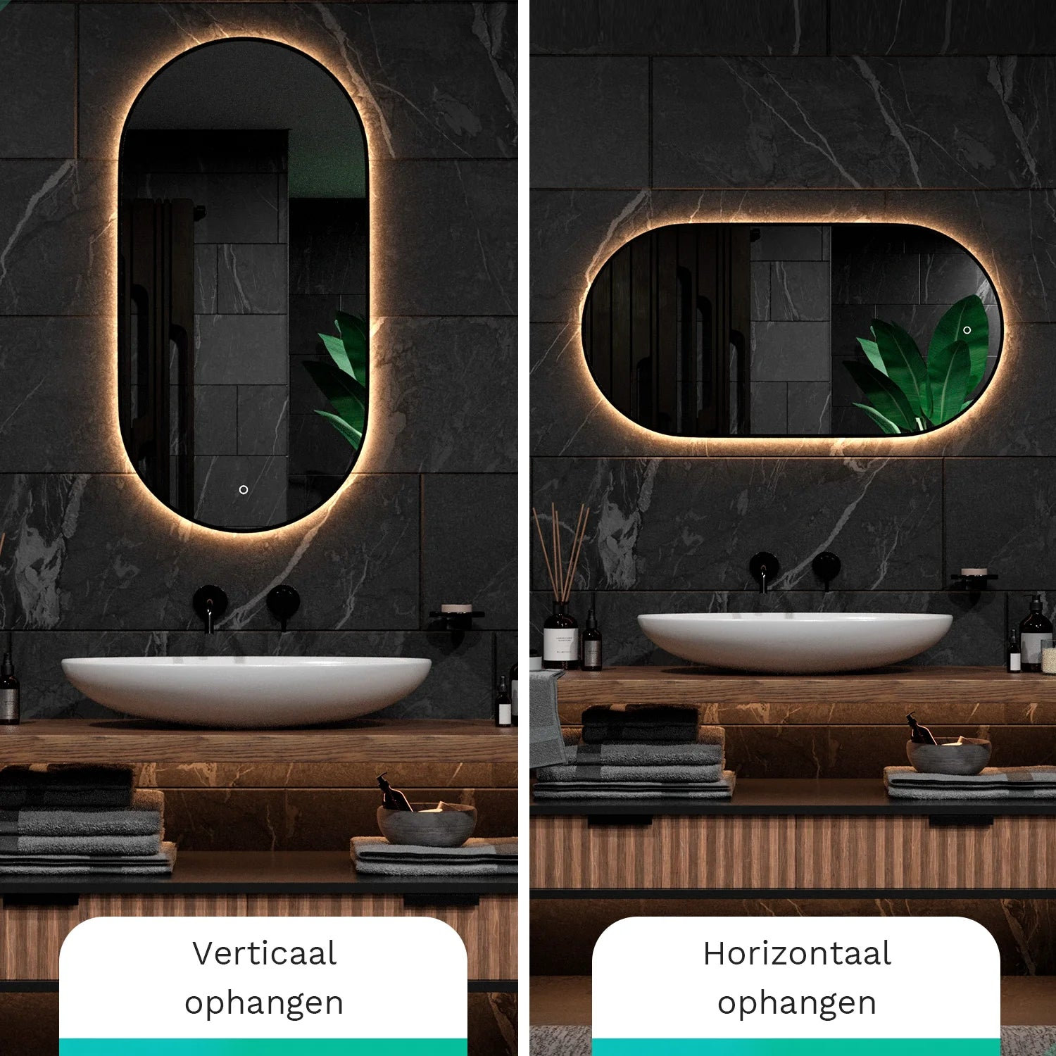Badkamerspiegel met verlichting, verticaal en horizontaal opgehangen.