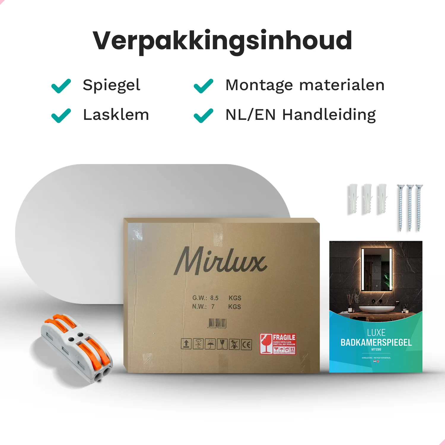 Verpakking: Spiegel, montage materialen, handleiding. Doos met Mirlux spiegel, lasklem, pluggen en schroeven.