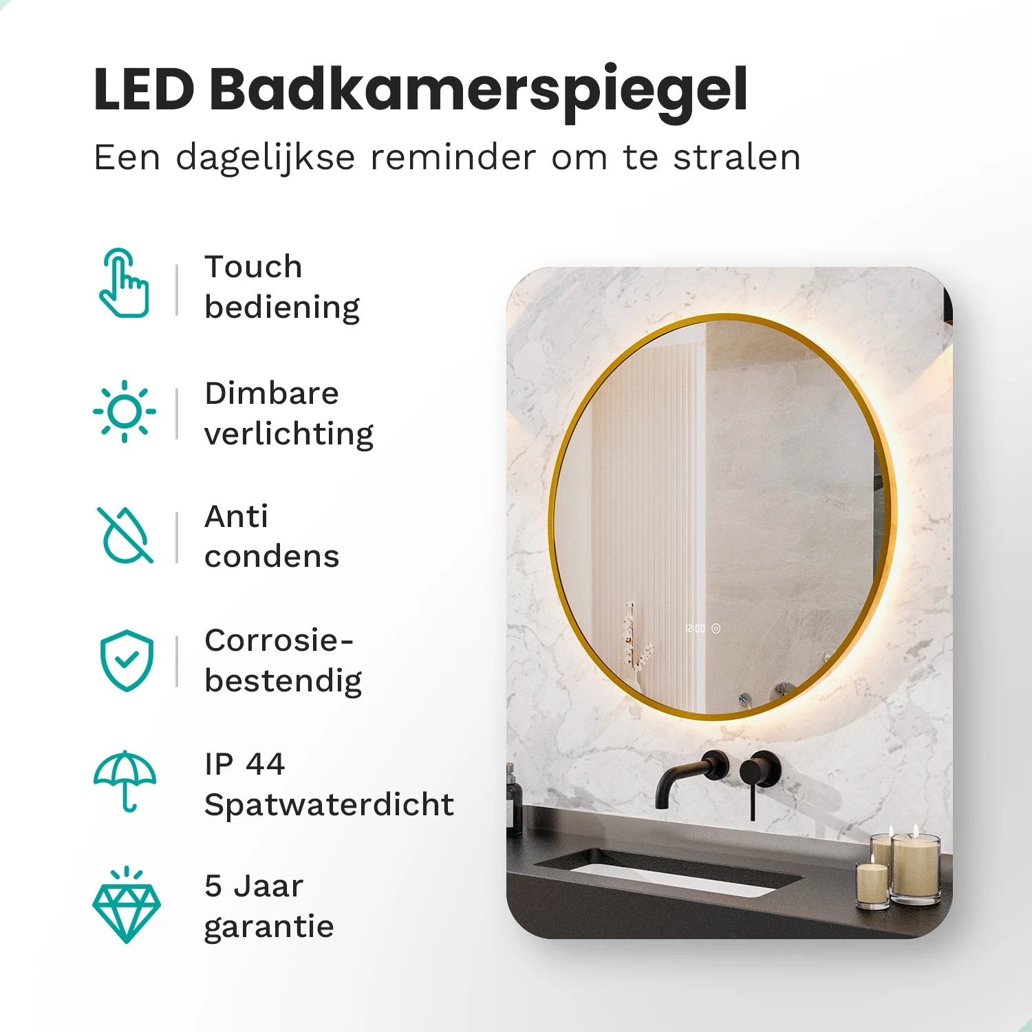 Ronde LED spiegel met gouden frame boven zwart wastafel. Kenmerken opgesomd.