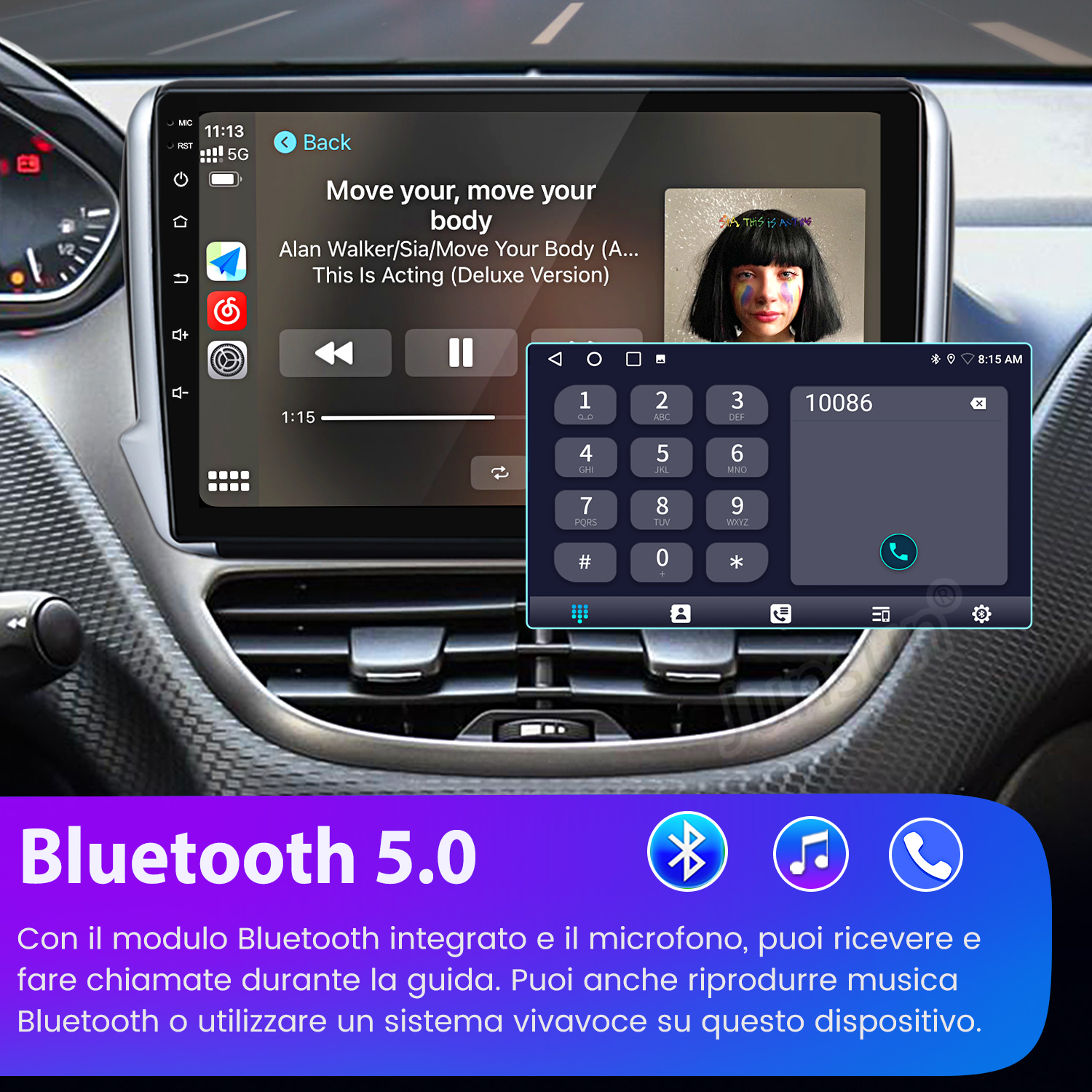 Sistema infotainment auto con musica e tastierino. Icona Bluetooth in basso.