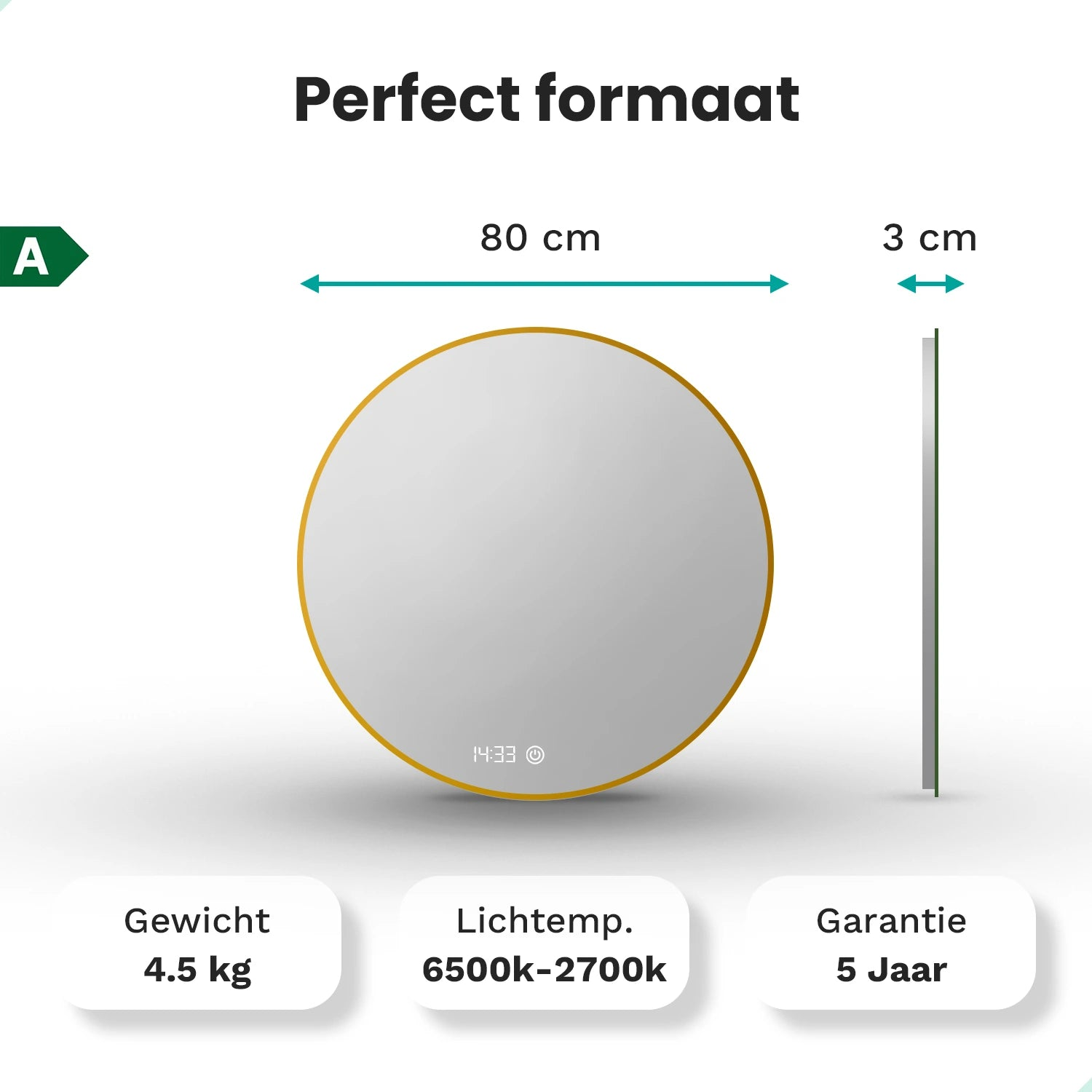 Een ronde spiegel met gouden frame, 80cm breed, 3cm diep.