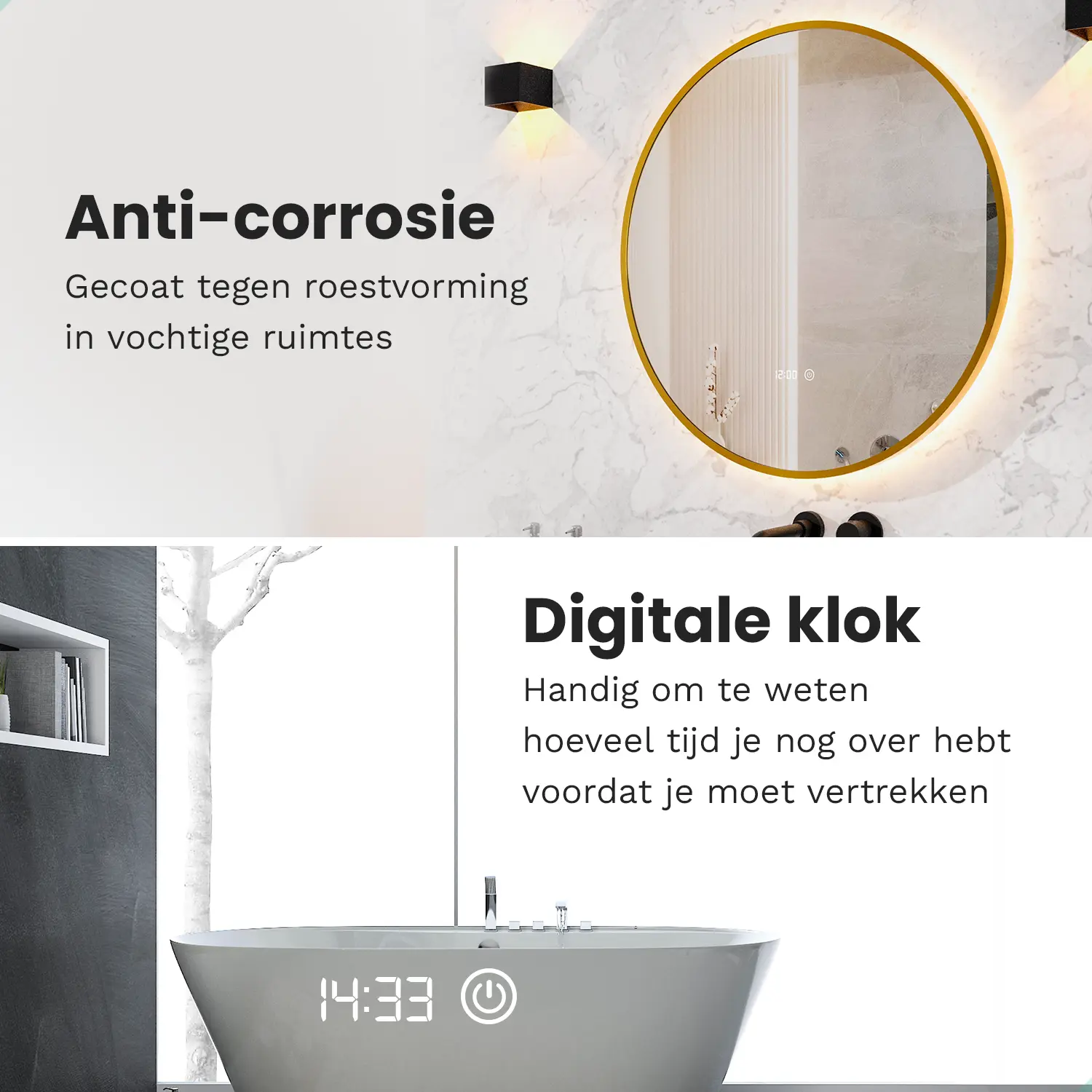 Badkamer met spiegel en bad. Kenmerken "Anti-corrosie" en "Digitale klok".