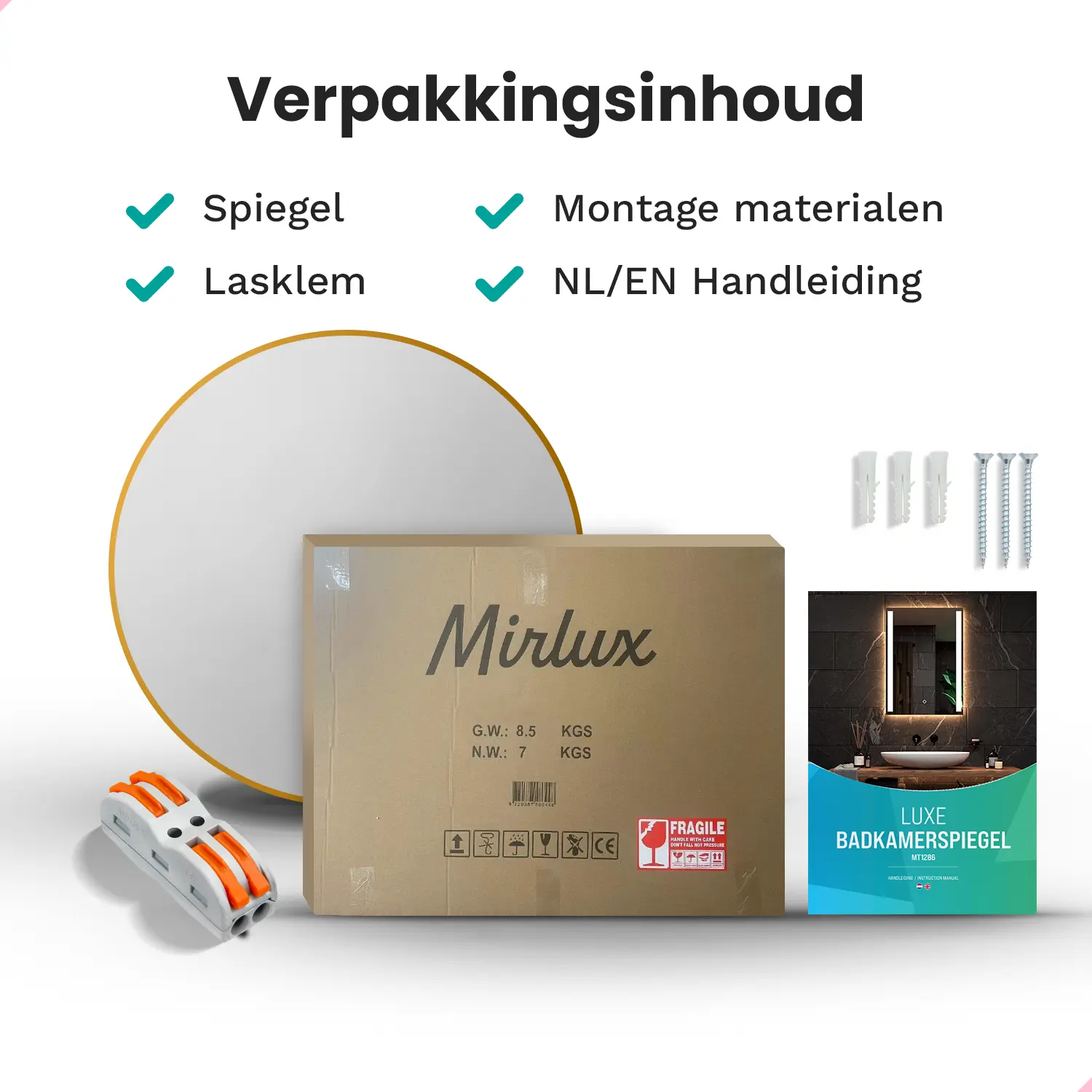 Verpakking met spiegel, montage materialen, handleiding en doos.