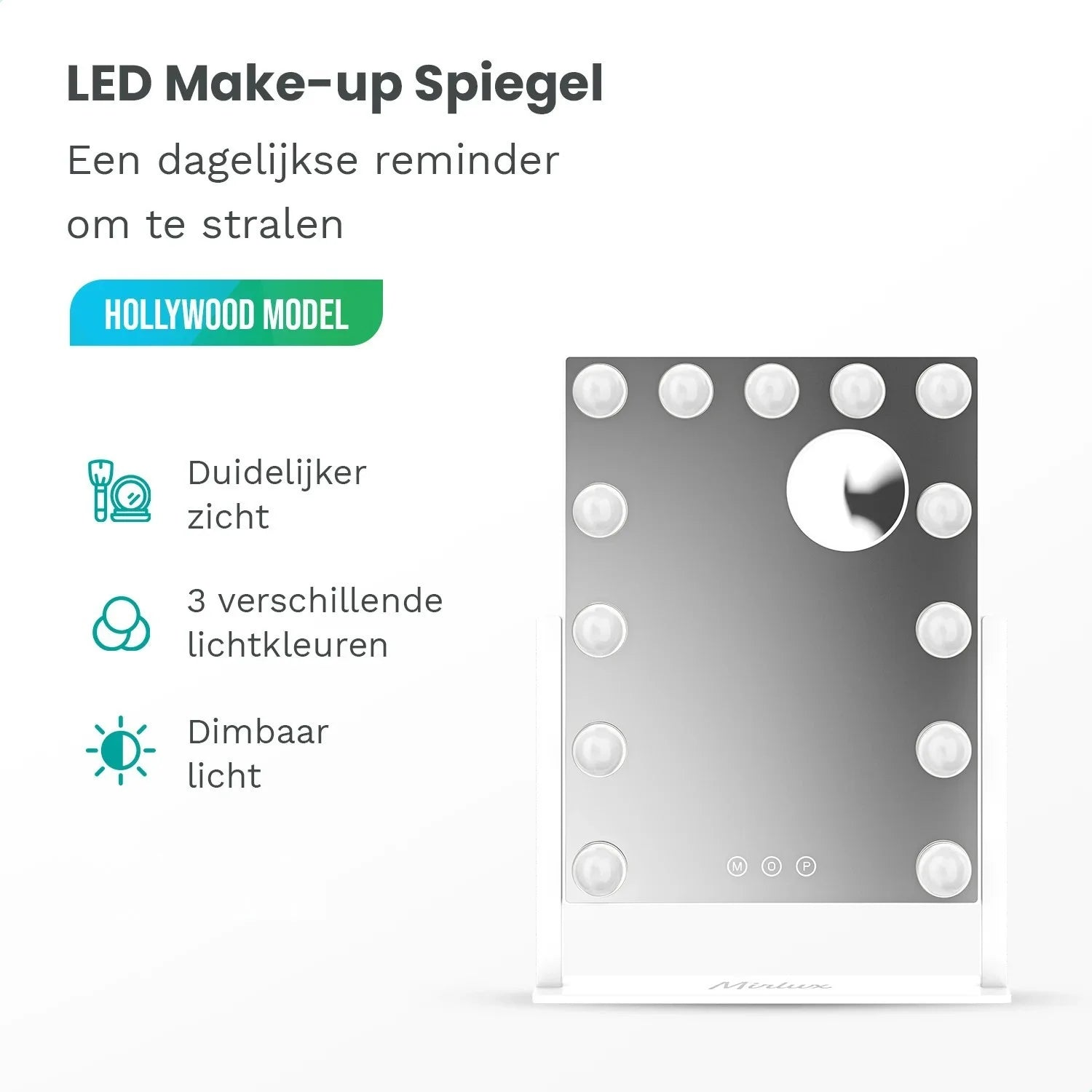 A white makeup mirror with Hollywood-style LED lights.