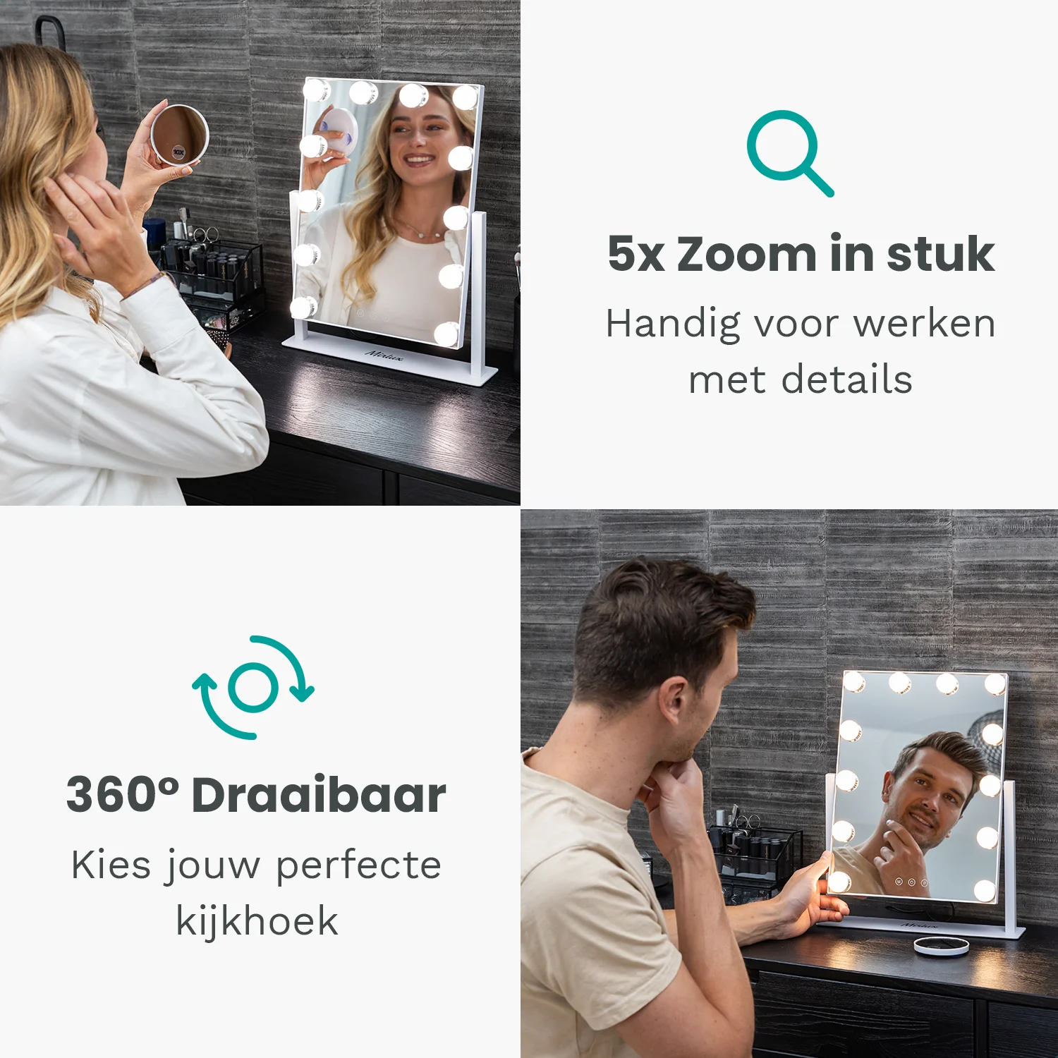 Lighted makeup mirror with 5x zoom and 360-degree rotation.