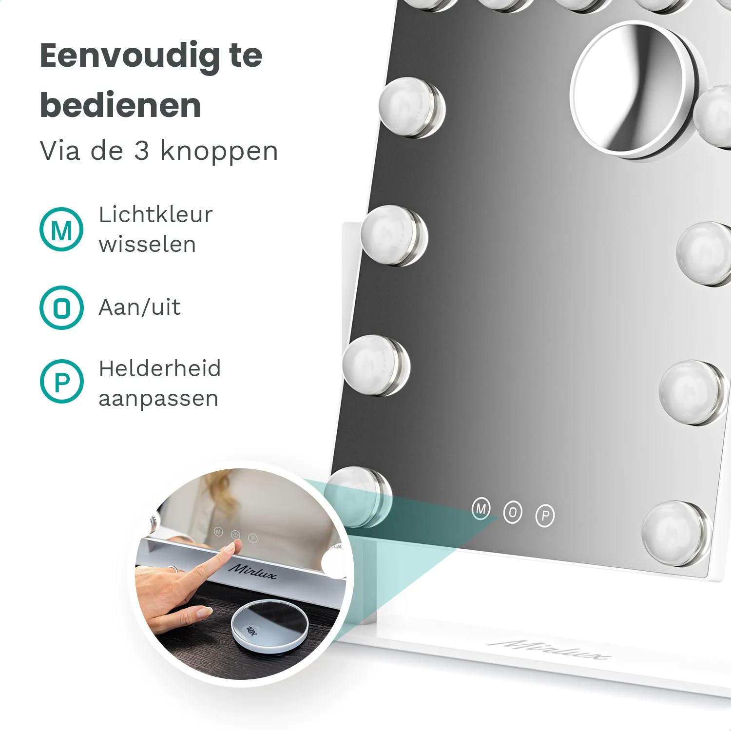 A lighted mirror with touch controls M, O, P for light color, on/off, and brightness.