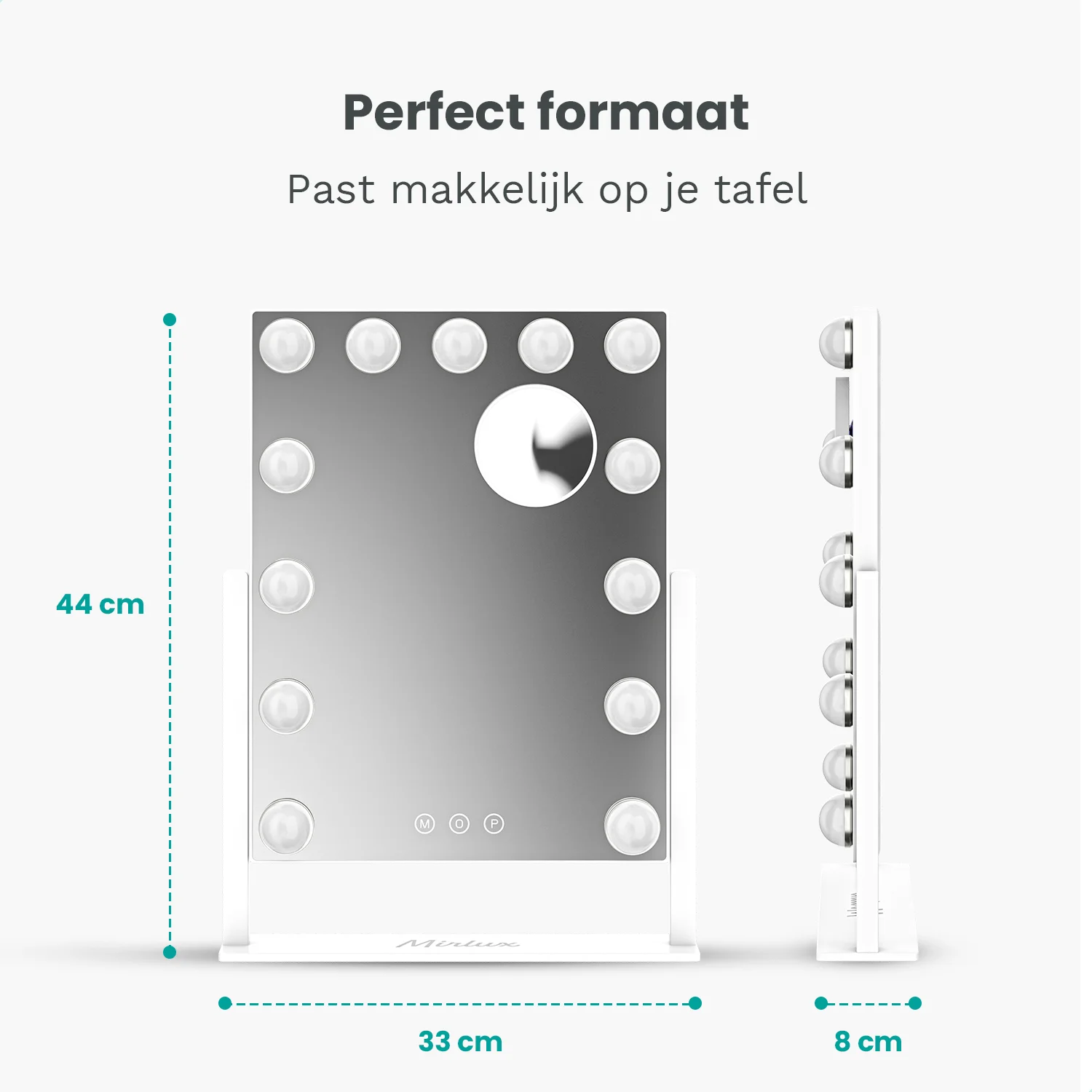 A white vanity mirror with lights, measuring 44cm high, 33cm wide, and 8cm deep.