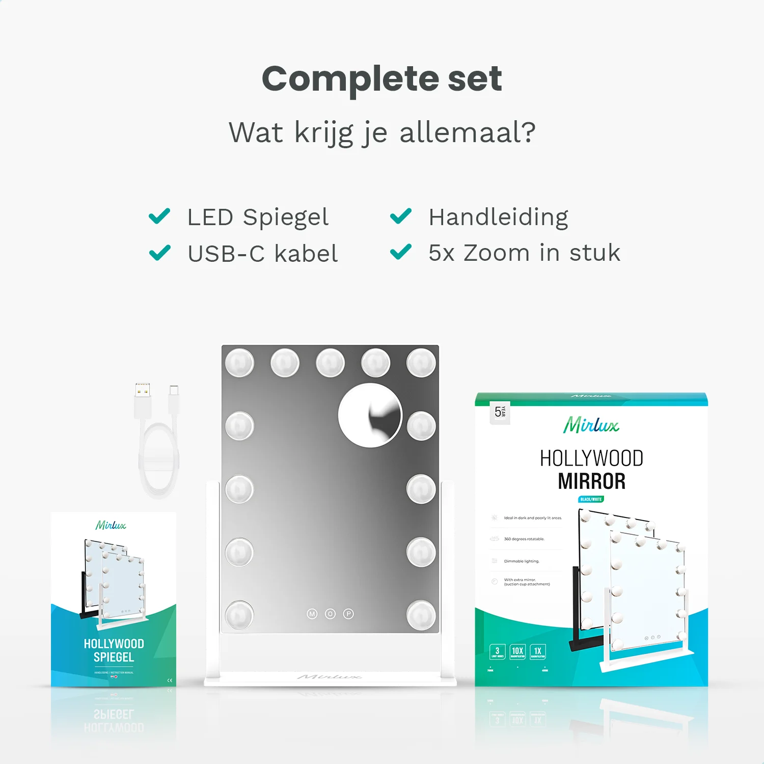 A Hollywood mirror set with LED lights, USB-C cable, manual, and 5x magnifying attachment.