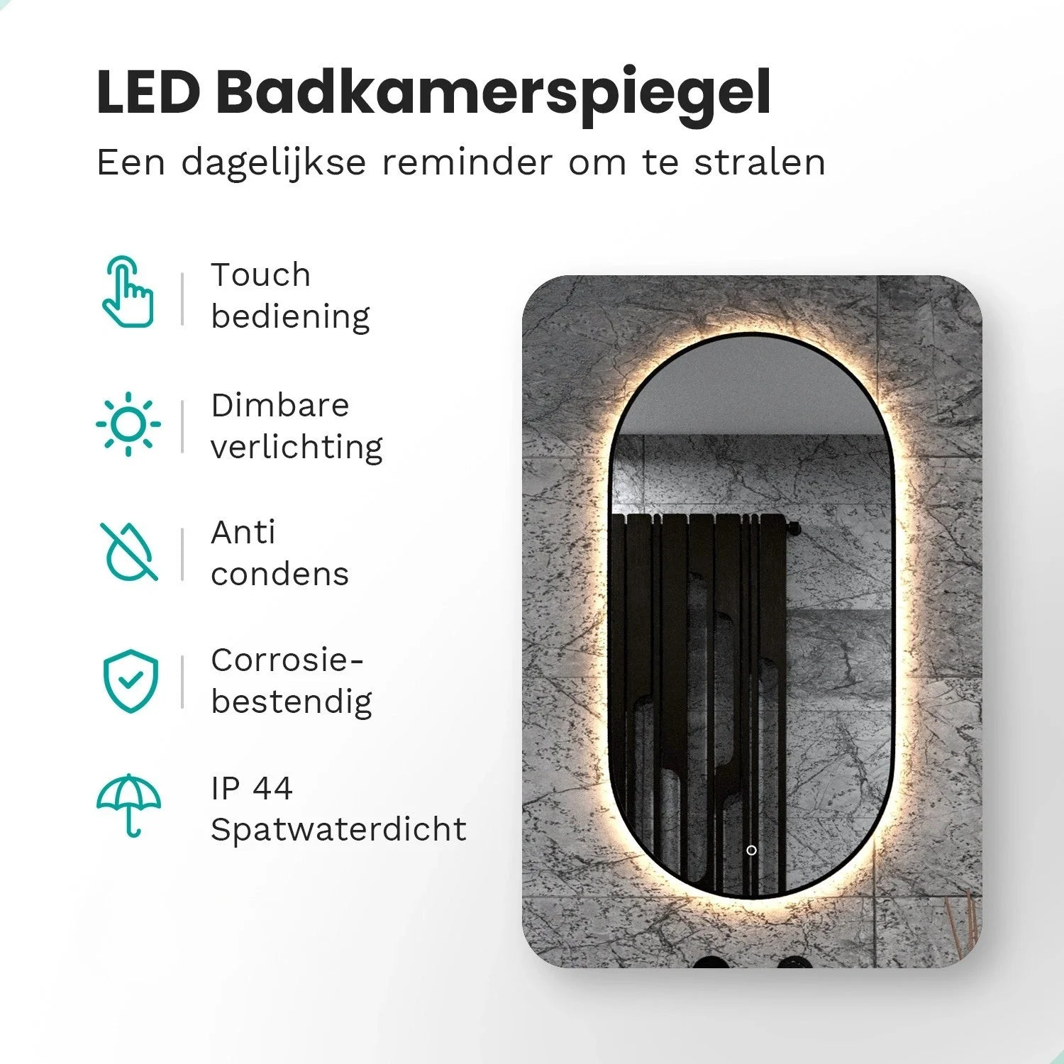 LED bathroom mirror with touch control, dimmable light, anti-fog, corrosion-resistant, IP44 splash-proof.