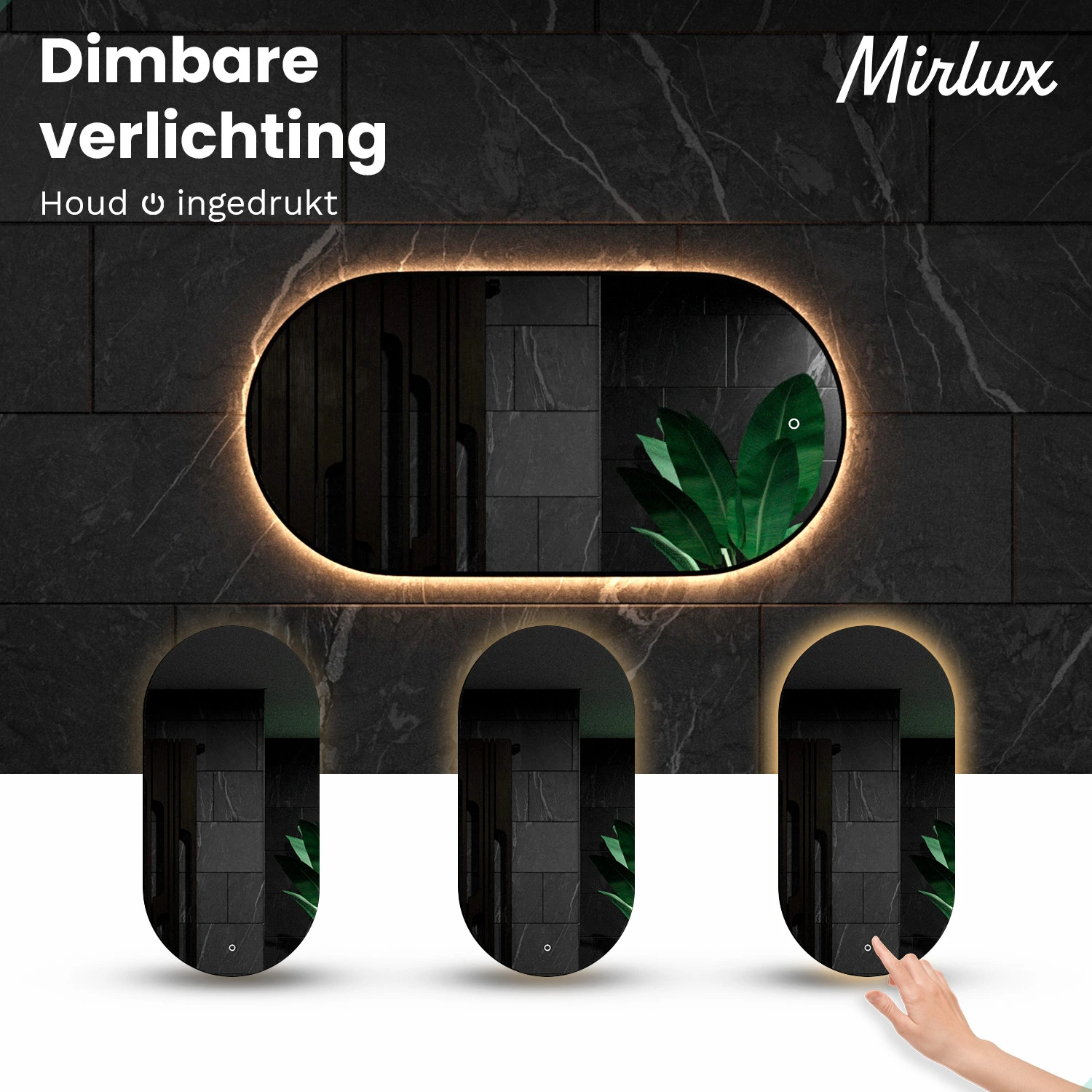 Oval mirror with adjustable lighting, against dark stone, with a hand touching it.