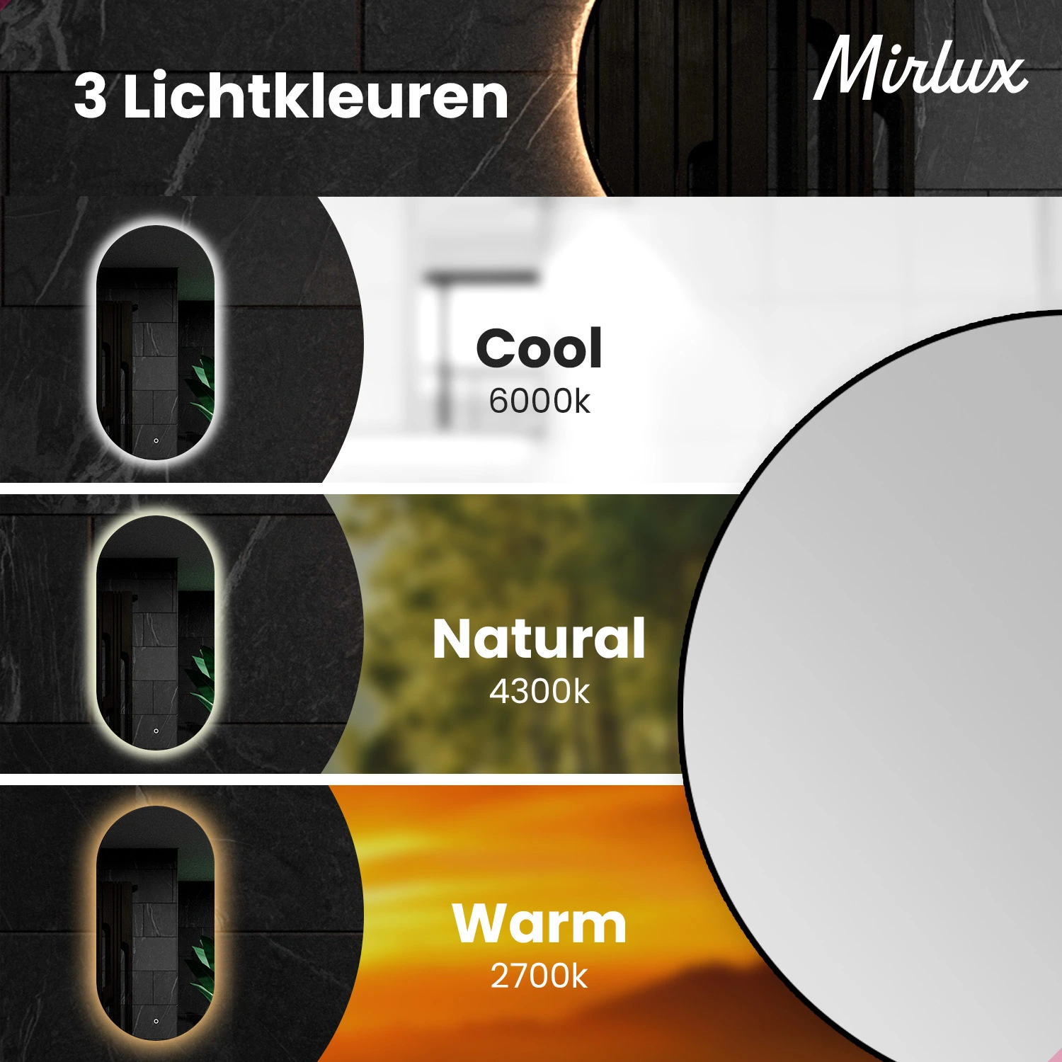 Three light colors: Cool, Natural, and Warm white, with Kelvin ratings.