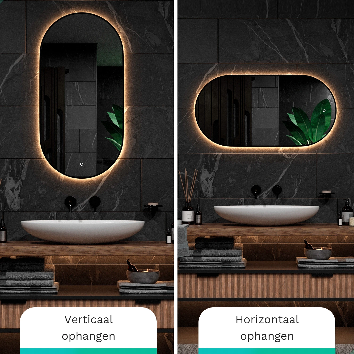 Bathroom mirror vertical and horizontal with LED lighting above sink.