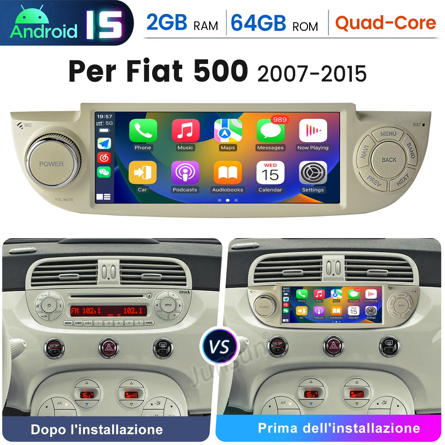 Confronto autoradio prima e dopo l'installazione su Fiat 500.