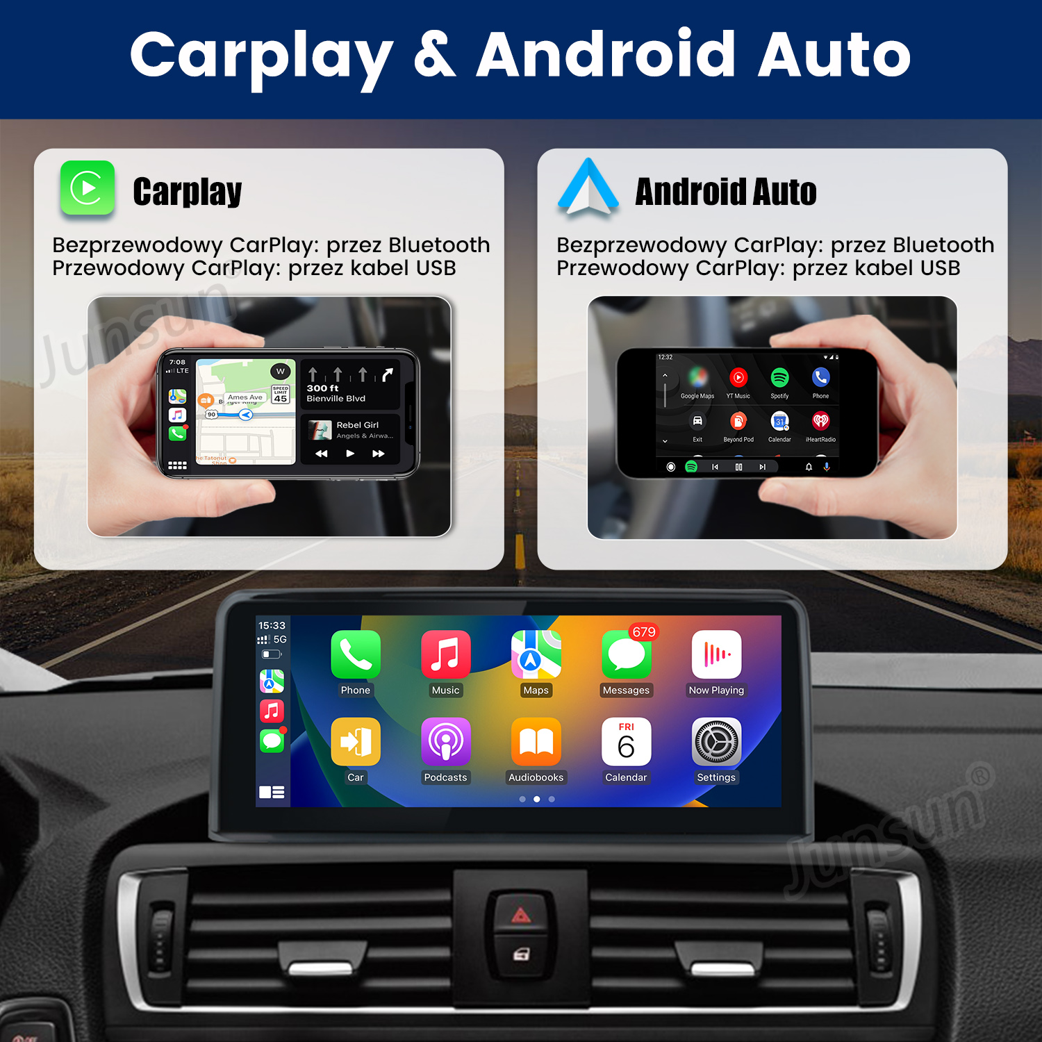 Confronto tra CarPlay e Android Auto su un display per auto con simulazioni di smartphone.