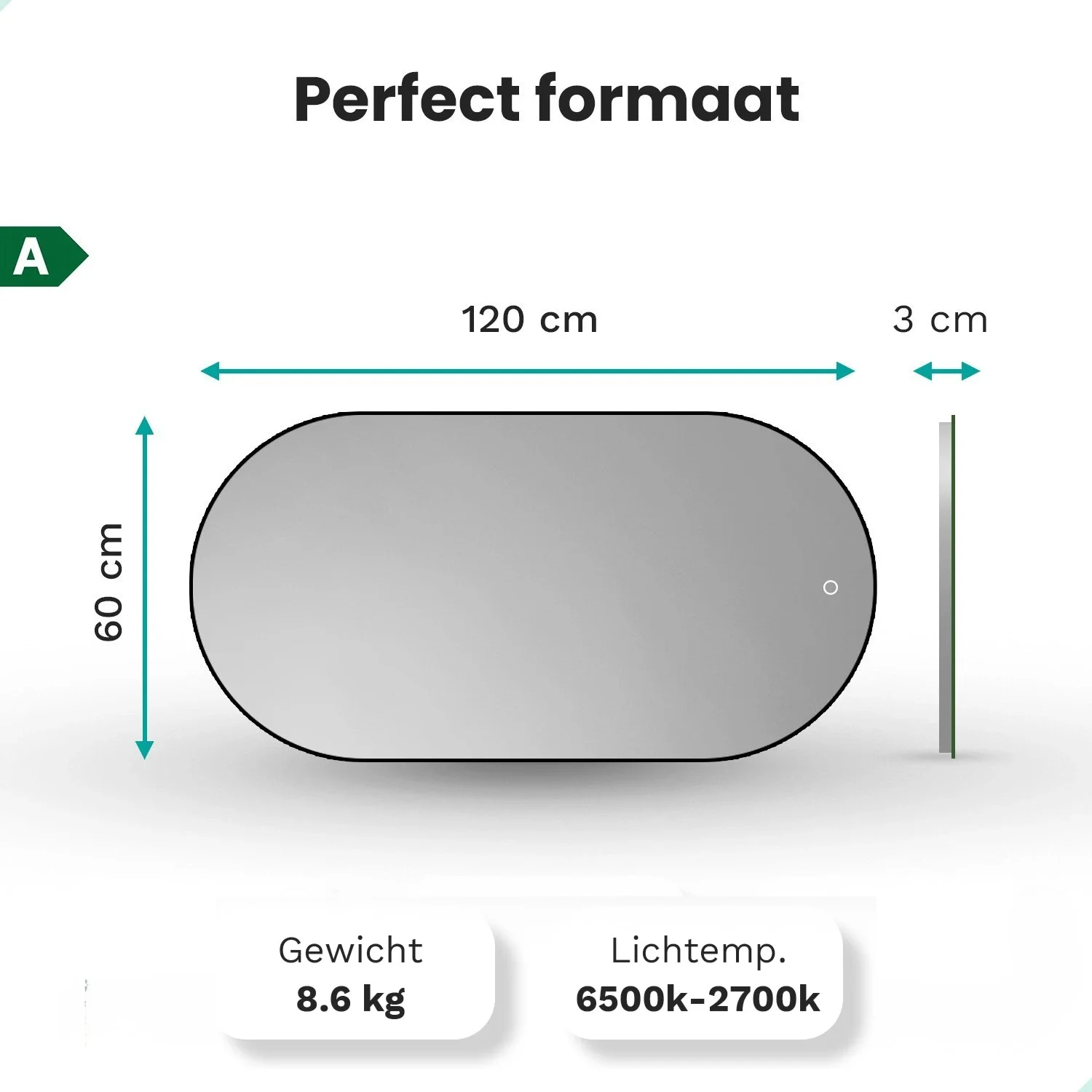 Oval mirror, 120x60cm, 3cm deep, 8.6kg weight, 6500k-2700k light.