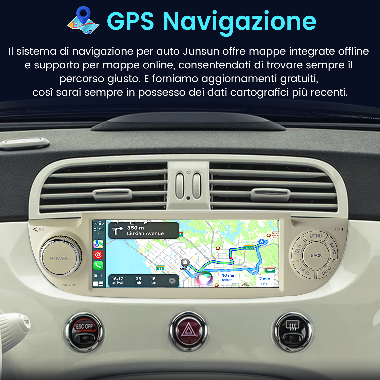 Cruscotto auto con schermo di navigazione GPS, mappa e percorso.