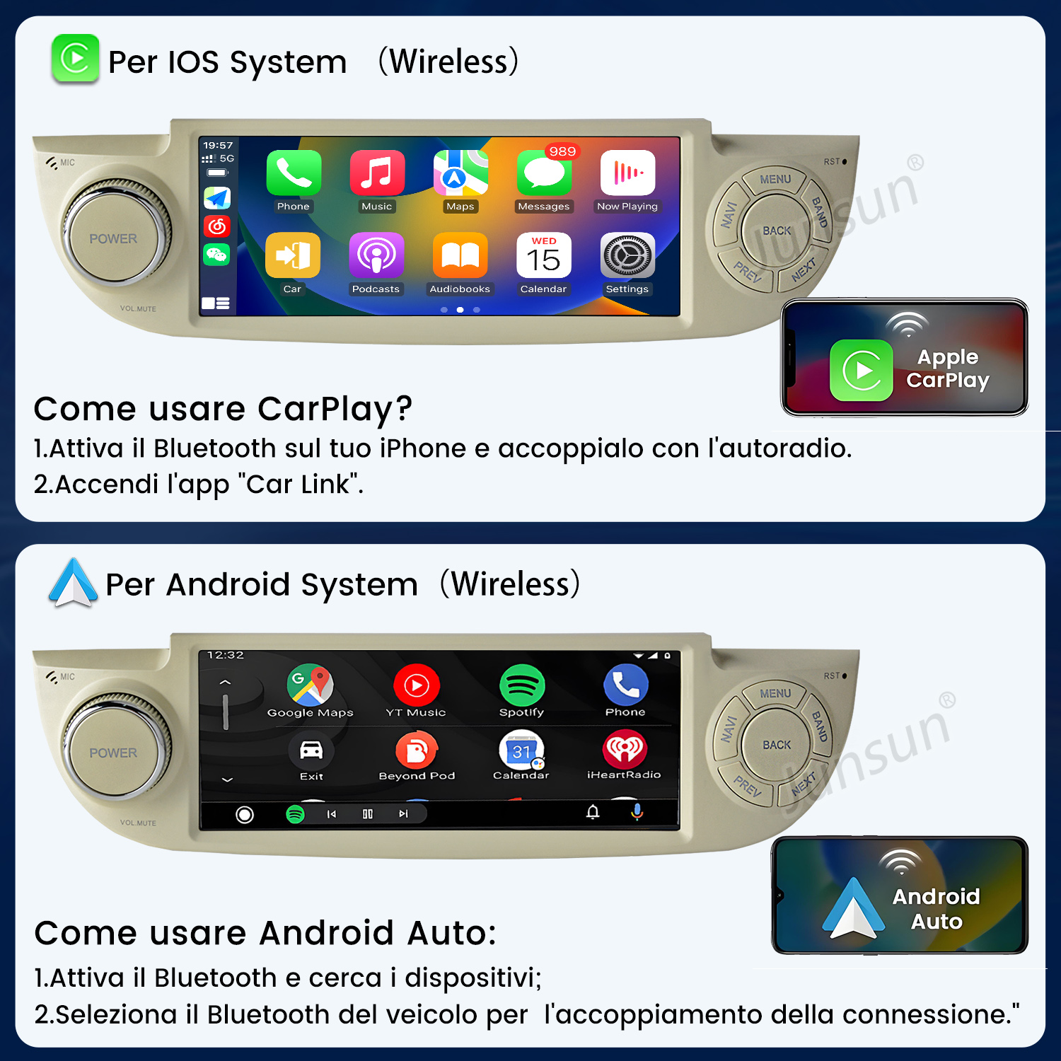 Schermi auto mostrano interfacce iOS e Android Auto. Istruzioni fornite.