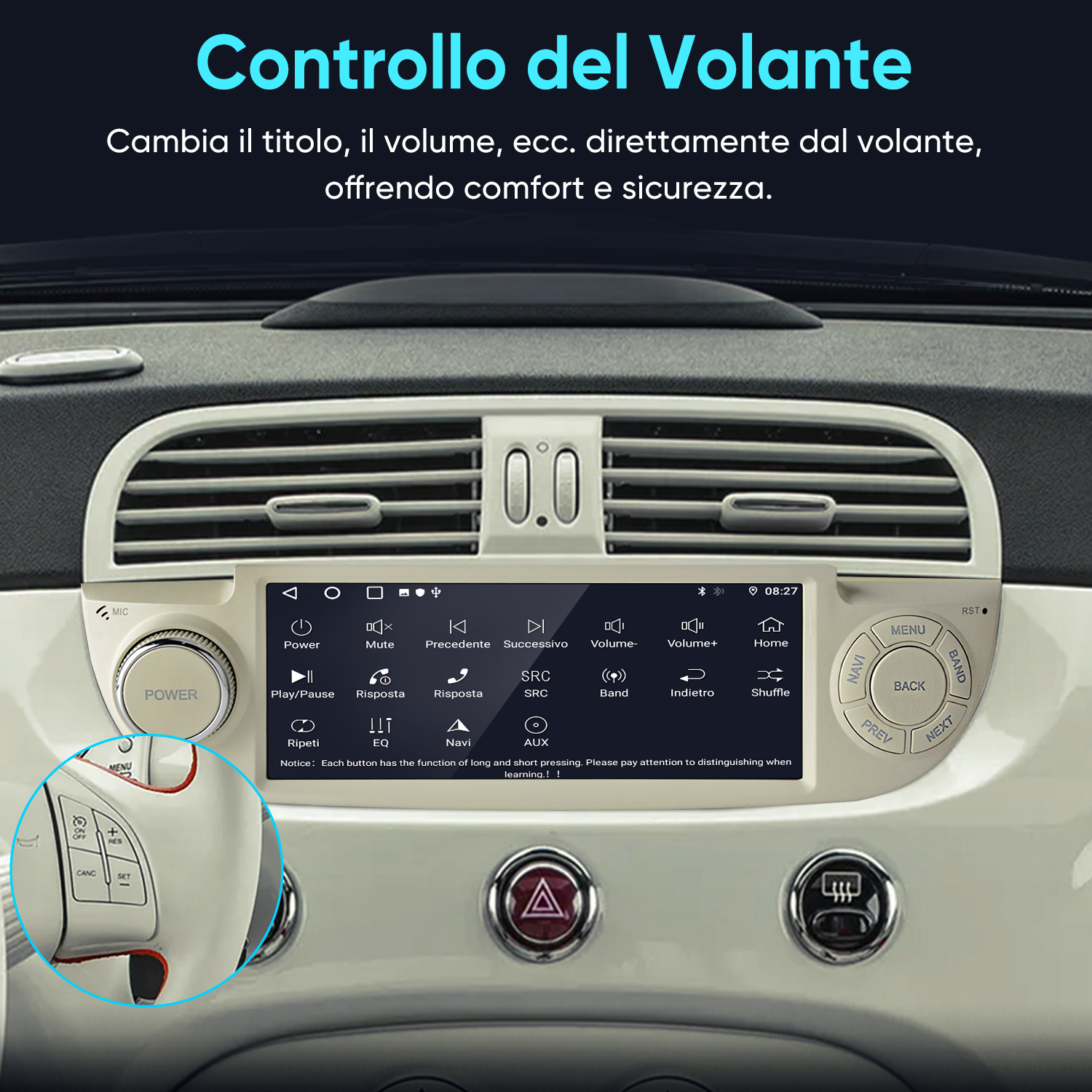 Sistema di infotainment per auto con comandi al volante e display touchscreen.
