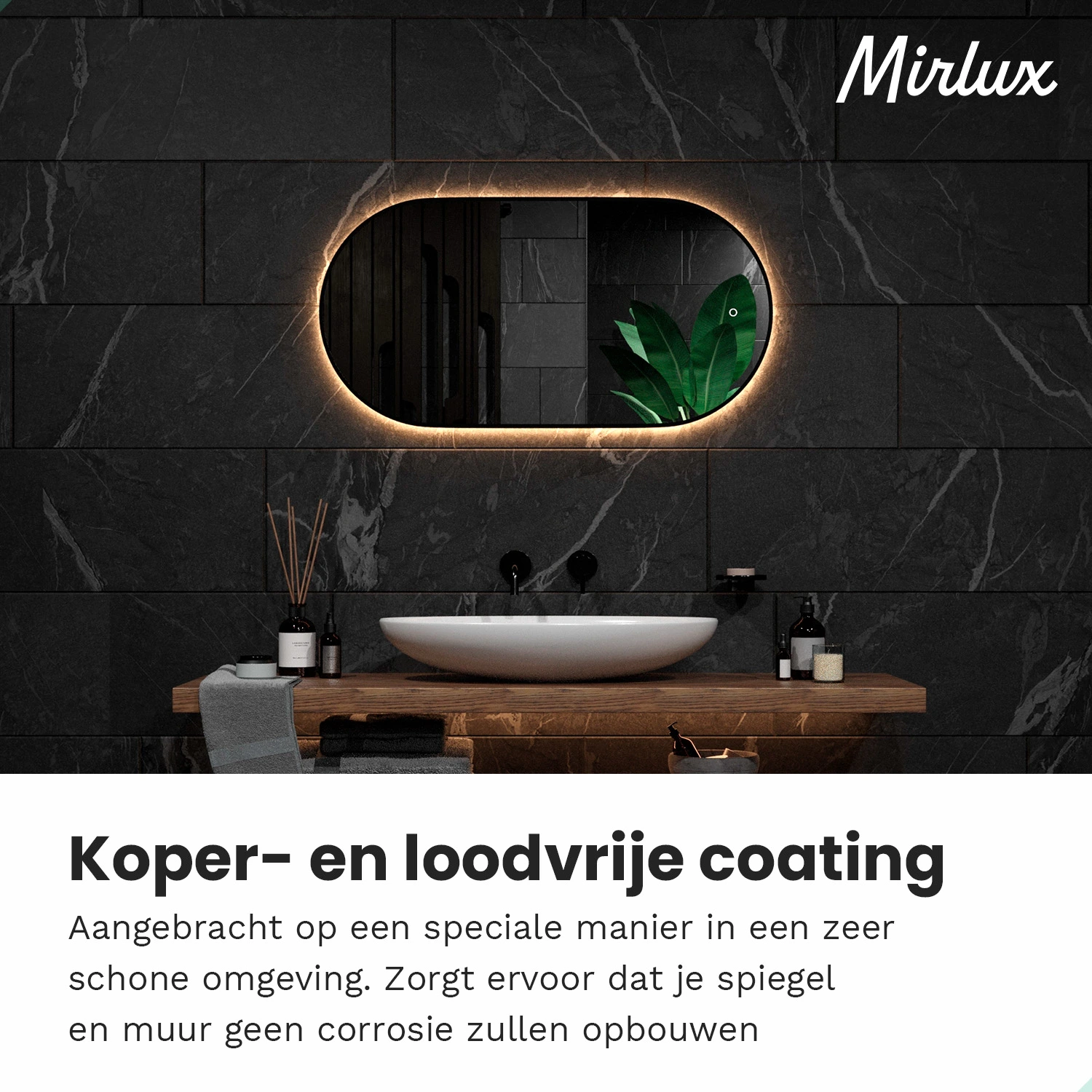 Oval illuminated mirror above a wooden vanity with sink and faucets. Dark tiled wall.