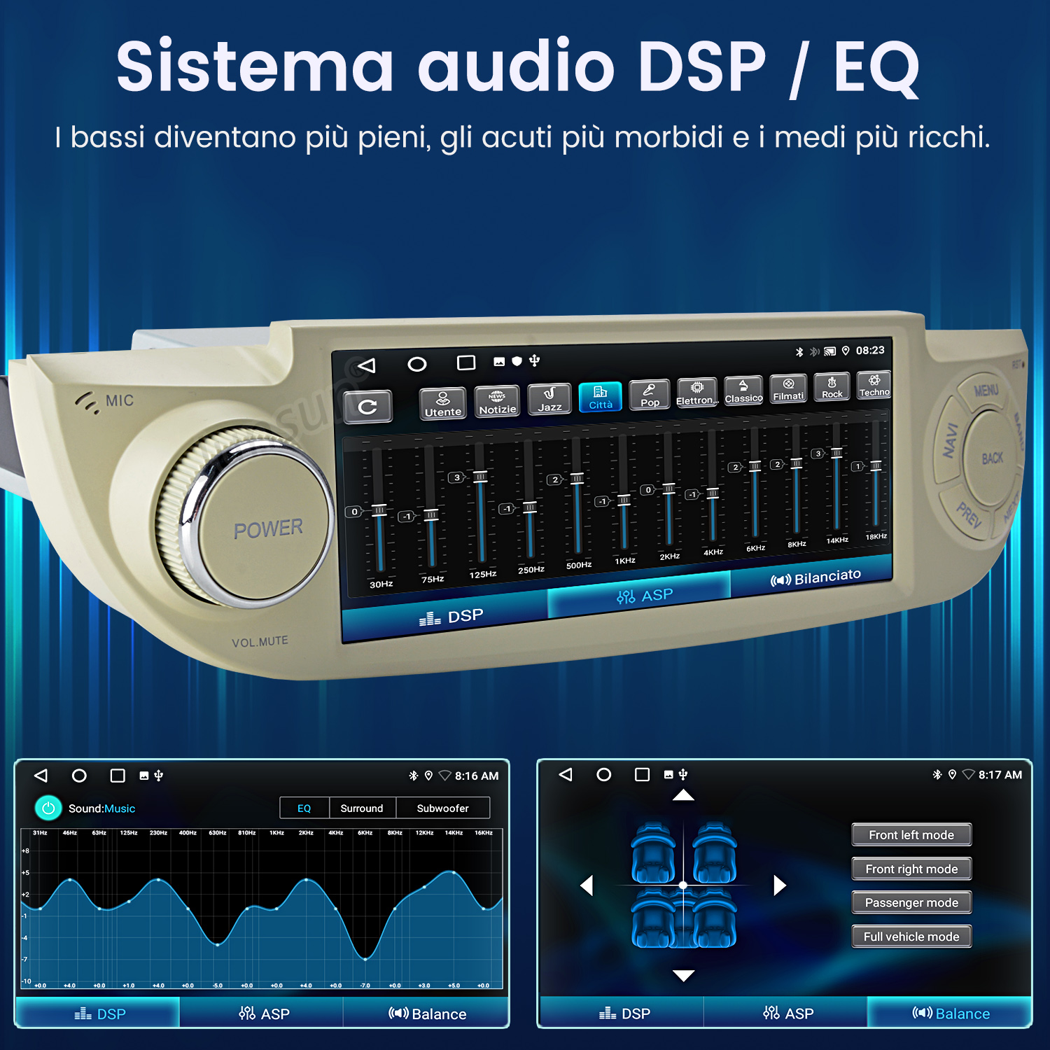 Schermo audio DSP/EQ per auto con impostazioni equalizzatore, bande frequenza e modalità.