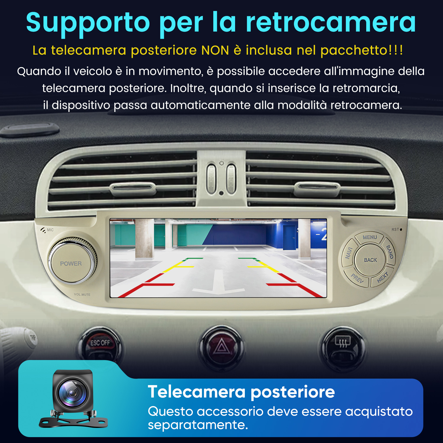 Un autoradio mostra l'immagine di una telecamera posteriore in un garage.