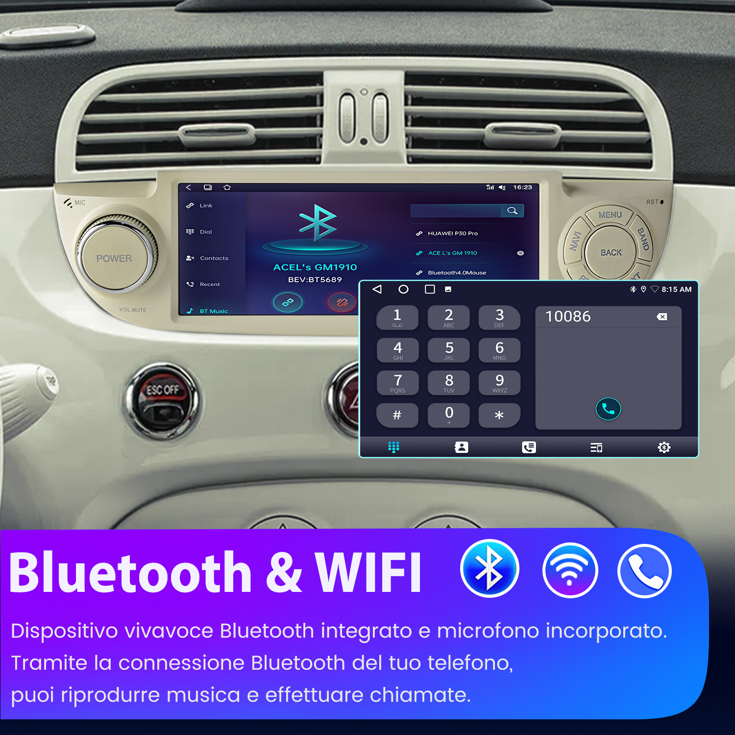 Interno auto con radio touchscreen che mostra opzioni Bluetooth e tastierino numerico.
