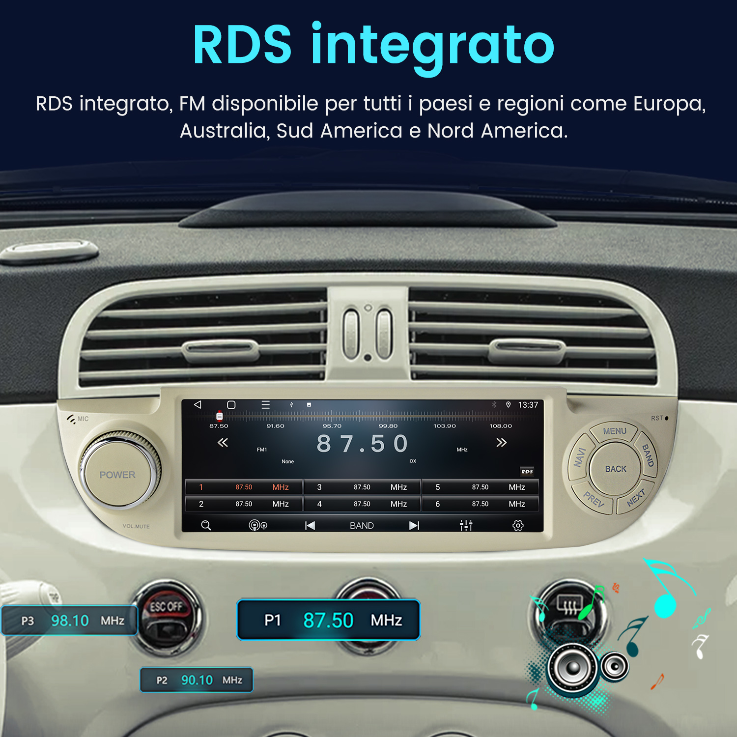 Cruscotto auto con display radio digitale che mostra RDS. Stazioni preimpostate visibili.