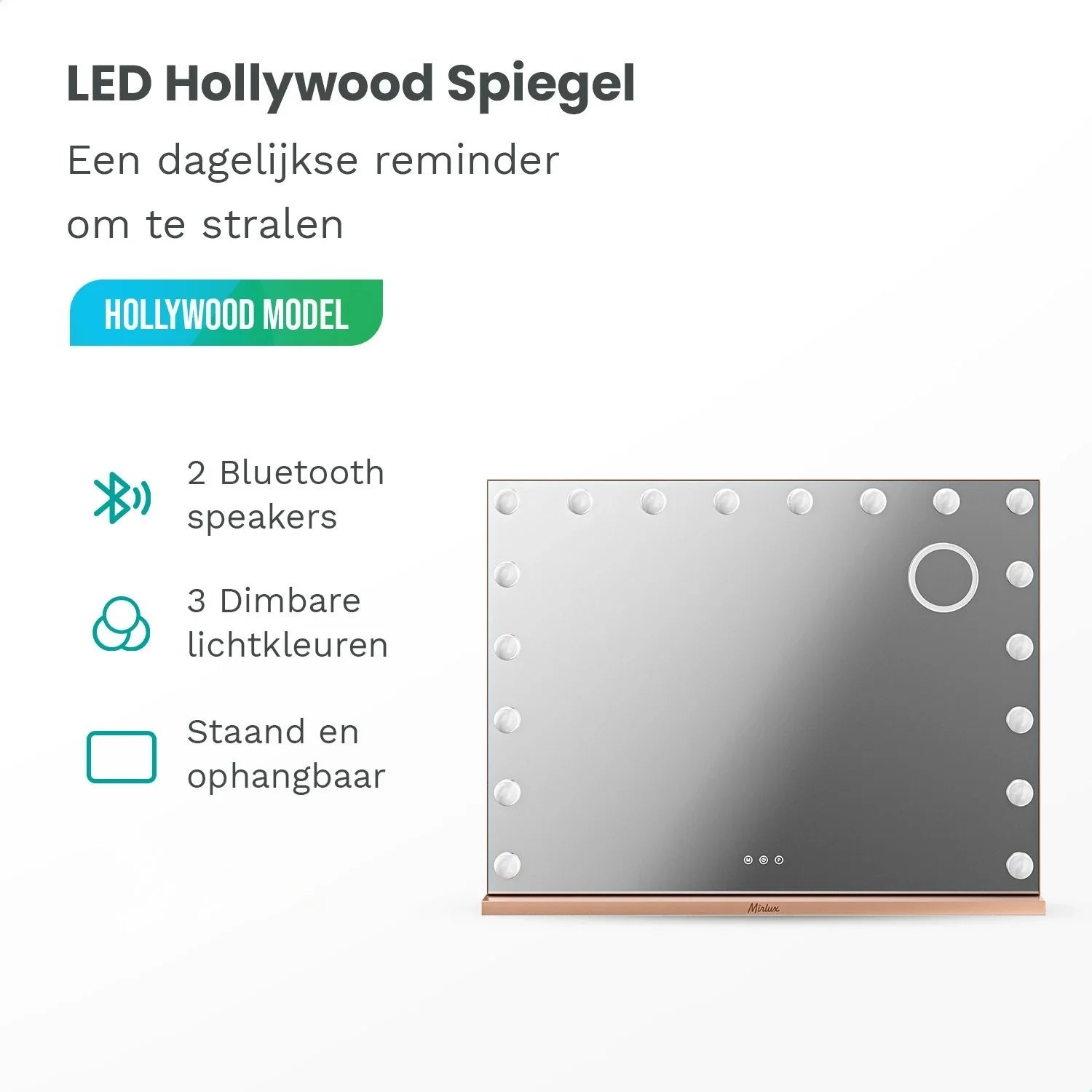 Hollywood spiegel met LED's, 2 Bluetooth speakers, 3 lichtkleuren.