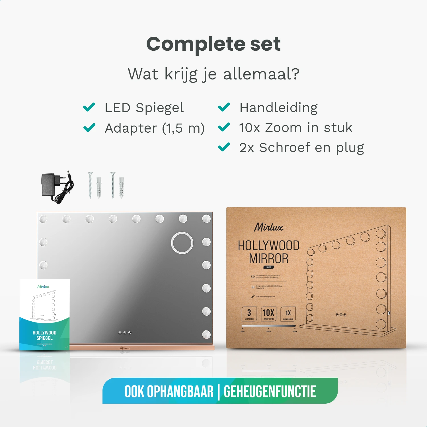 Compleet set: LED spiegel, adapter, handleiding, 10x zoom, schroeven.