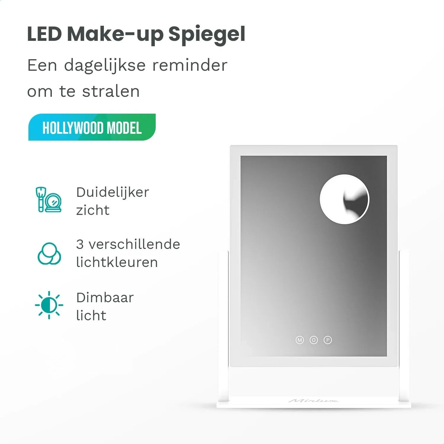 White LED makeup mirror with Hollywood Model text and three icons.