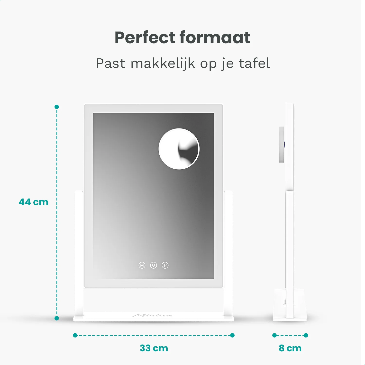 A white makeup mirror with dimensions 44 cm height and 33 cm width.