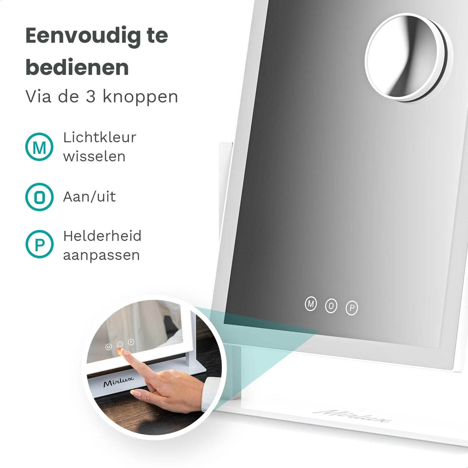 A lighted mirror with touch controls: M for light color, O for on/off, P for brightness.