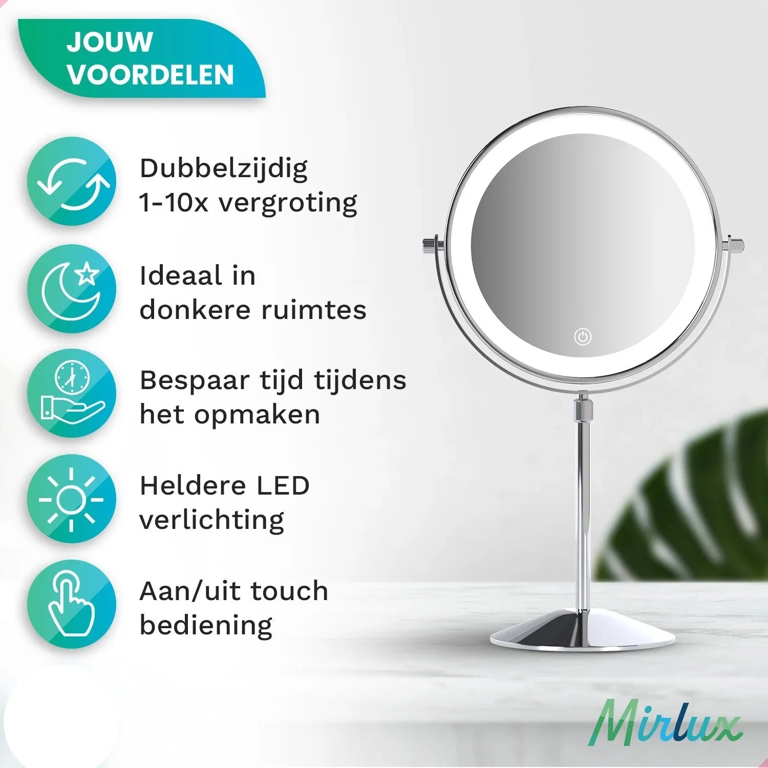 A lighted makeup mirror with touch control and 1-10x magnification.