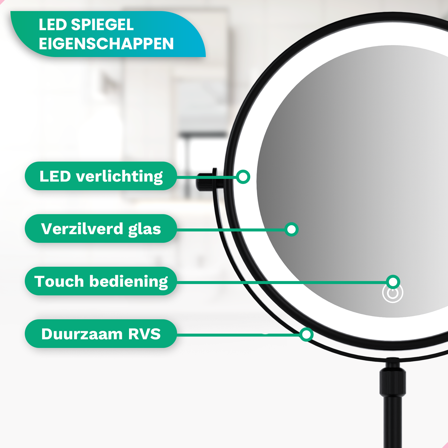 A round LED mirror with touch control and features like LED lighting, silvered glass, RVS.