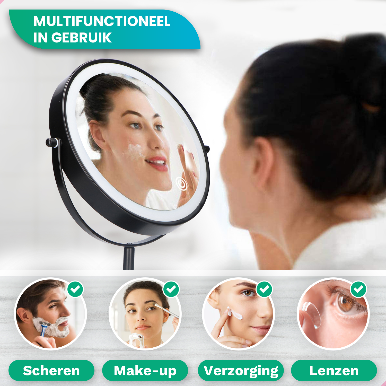 Multifunctional mirror showing shaving, makeup, skincare and contact lenses.