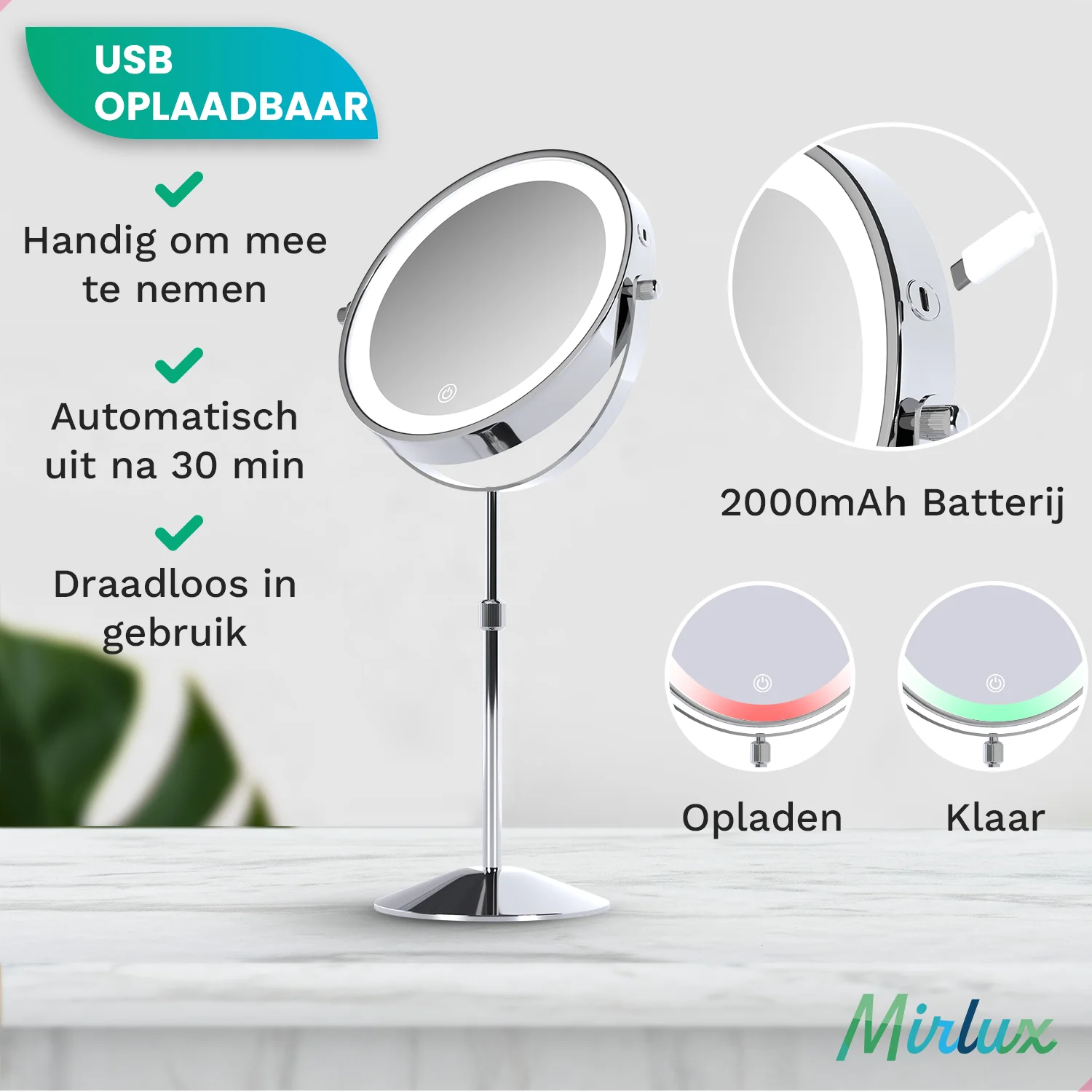 A lighted makeup mirror with USB charging and a 2000mAh battery.