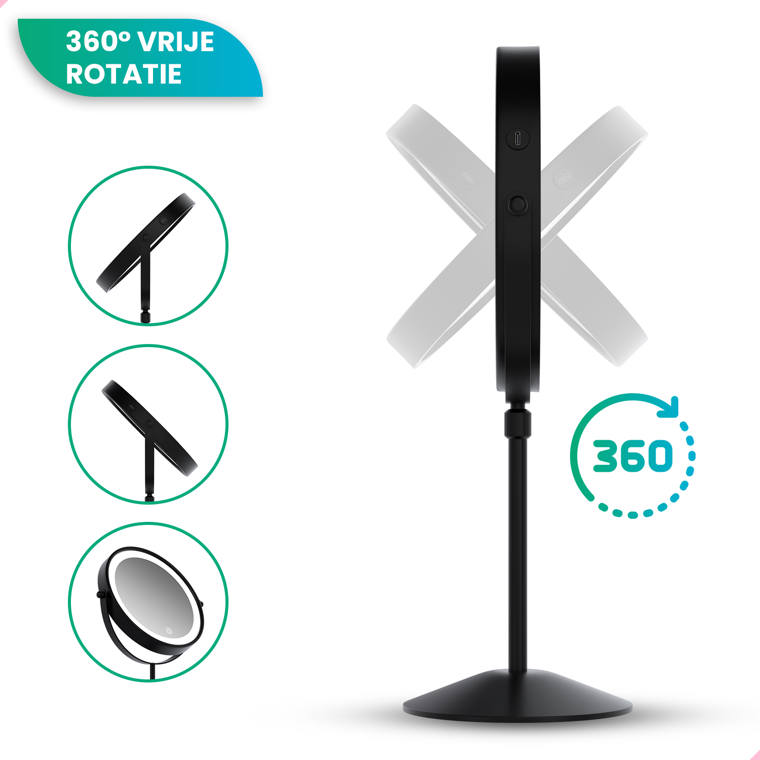 A black makeup mirror with LED light and 360-degree rotation feature.